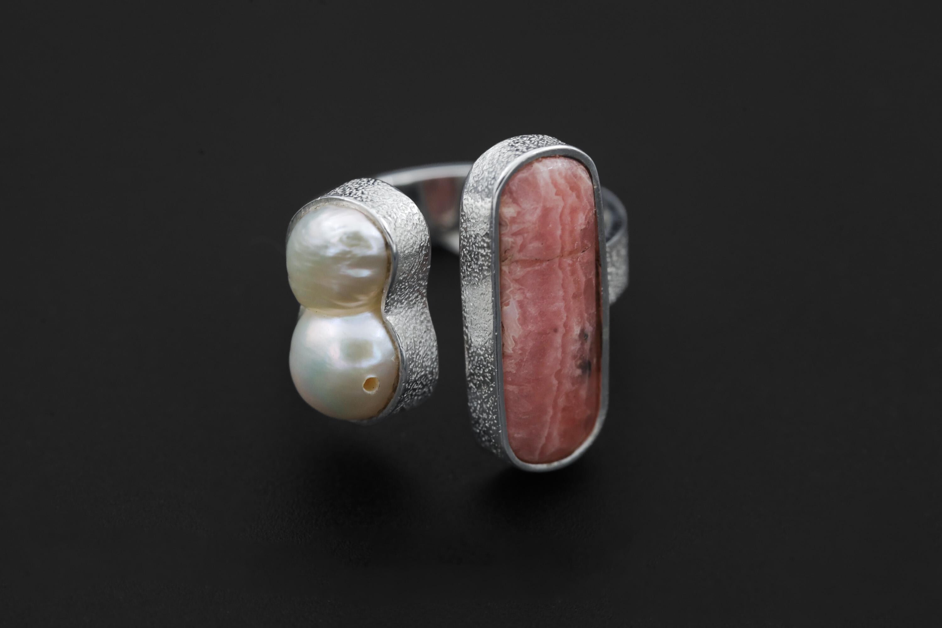 Baroque Pearl Rhodochrosite Ring 925 Silver Adjustable Open Ring Organic Texture Statement Jewelry