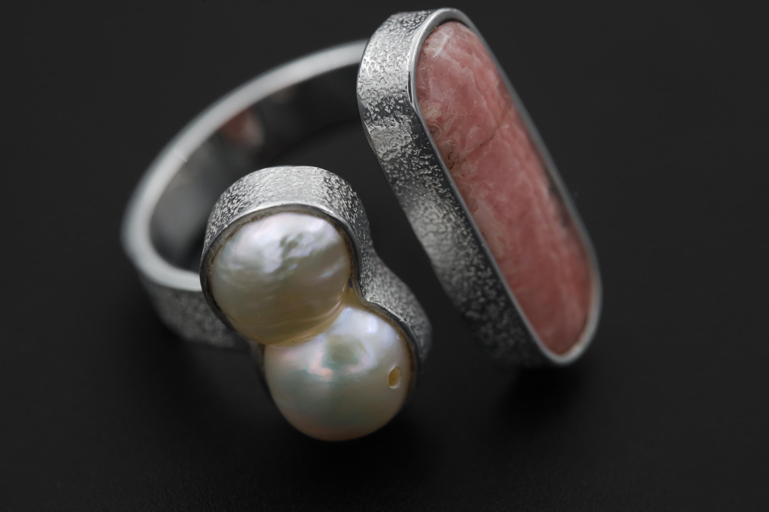 Baroque Pearl Rhodochrosite Ring 925 Silver Adjustable Open Ring Organic Texture Statement Jewelry