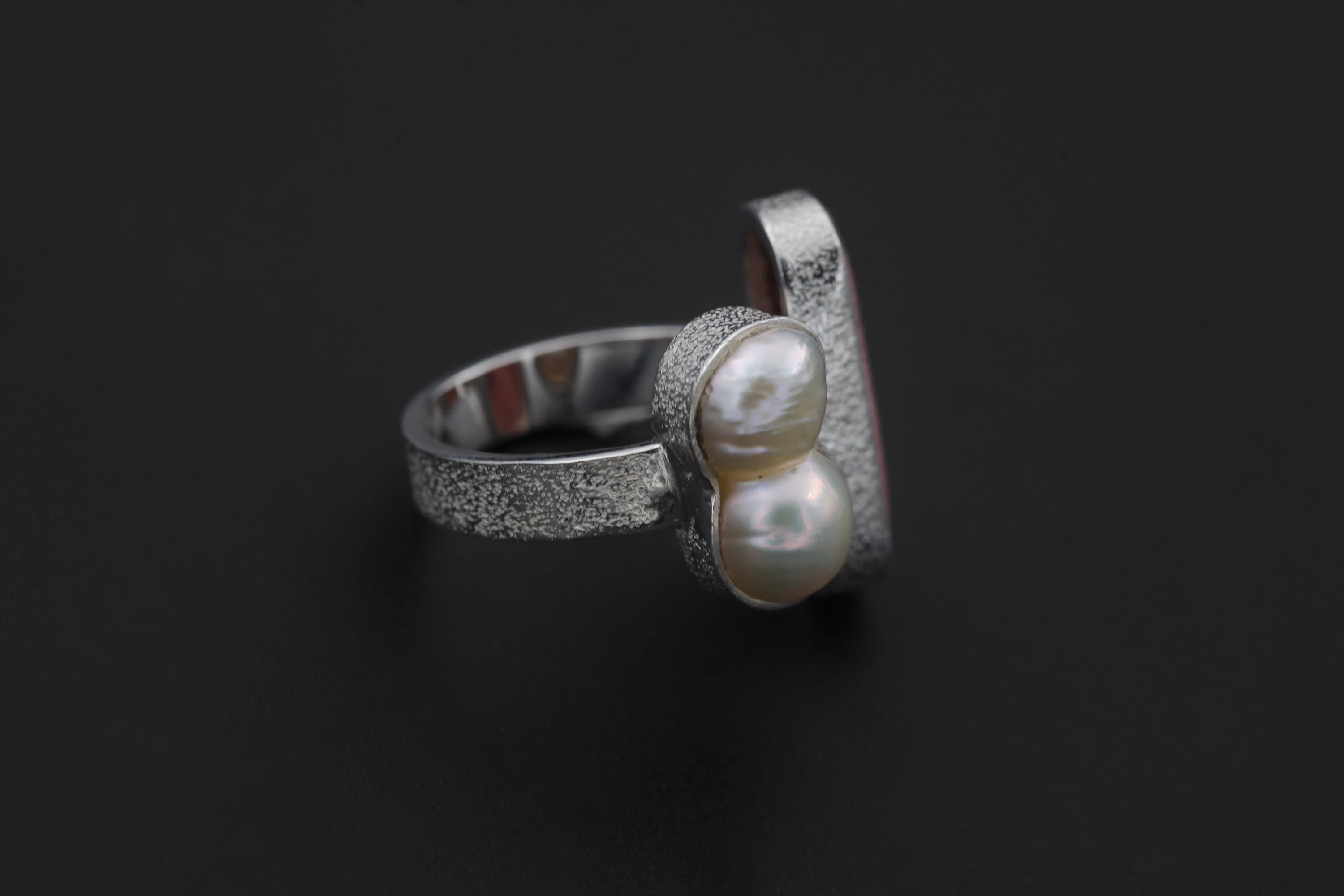 Baroque Pearl Rhodochrosite Ring 925 Sterling Silver Adjustable Heart Crown Chakra Handmade Jewelry Gift
