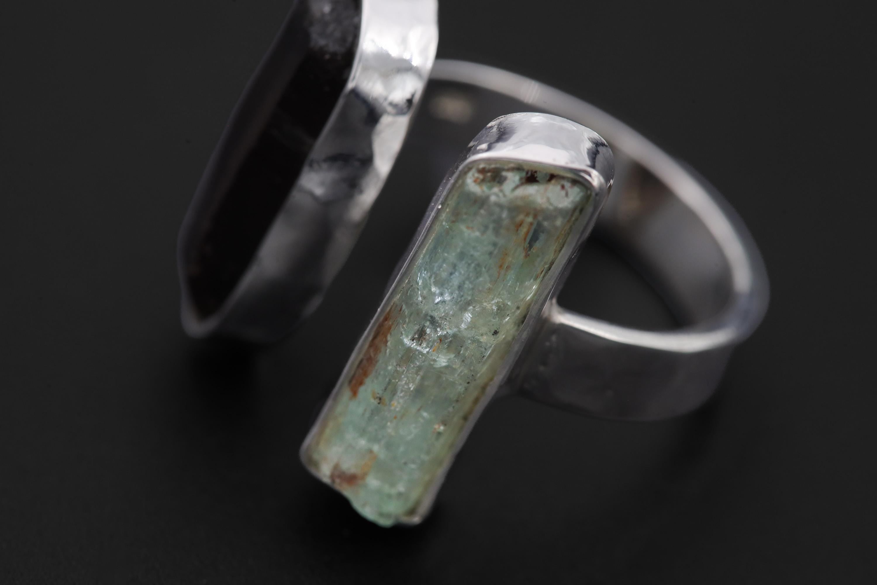Smoky Quartz Aquamarine Dual Stone Ring, Hammered Sterling Silver Band, Adjustable Open Ring