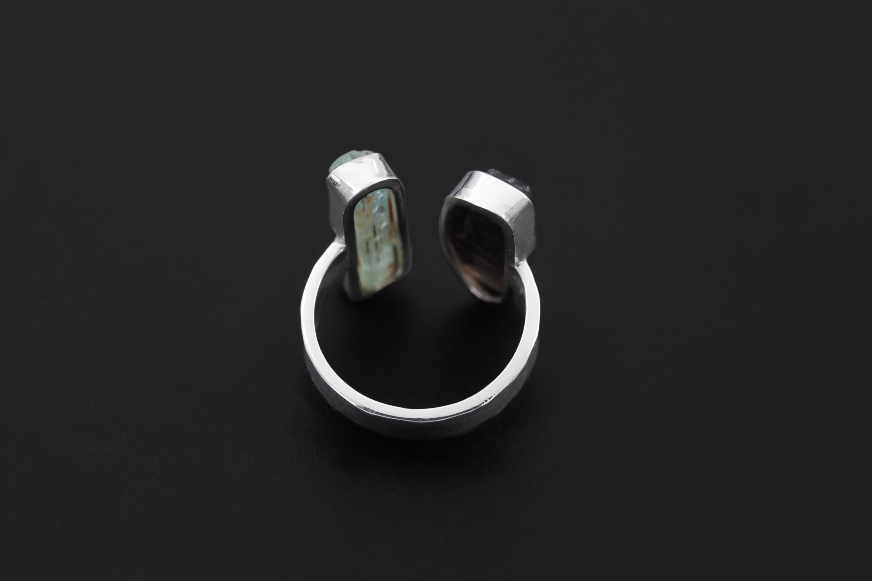 Smoky Quartz Aquamarine Dual Stone Ring, Hammered Sterling Silver Band, Adjustable Open Ring
