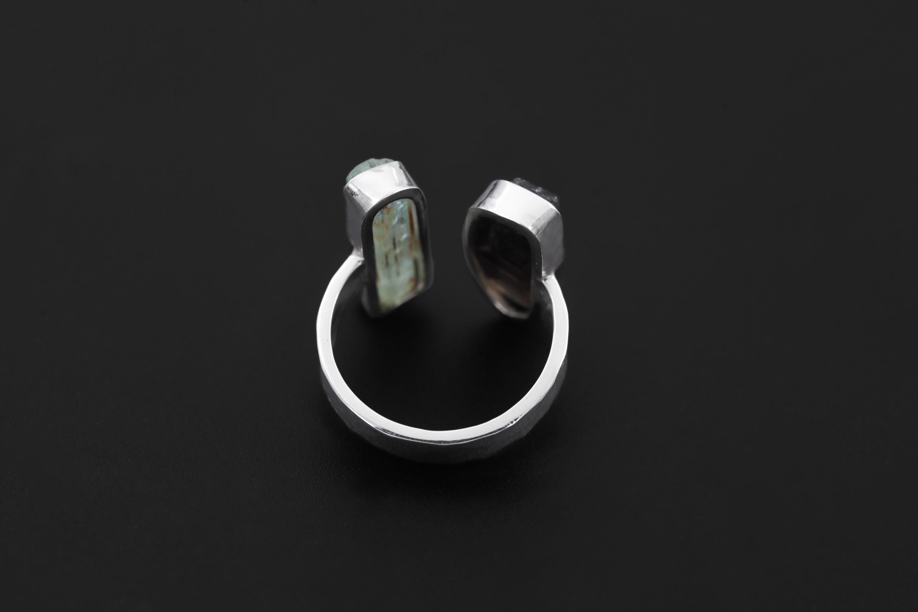 Aquamarine Smoky Quartz Ring Sterling Silver Open Band Raw Crystal Grounding Communication Jewelry Gift