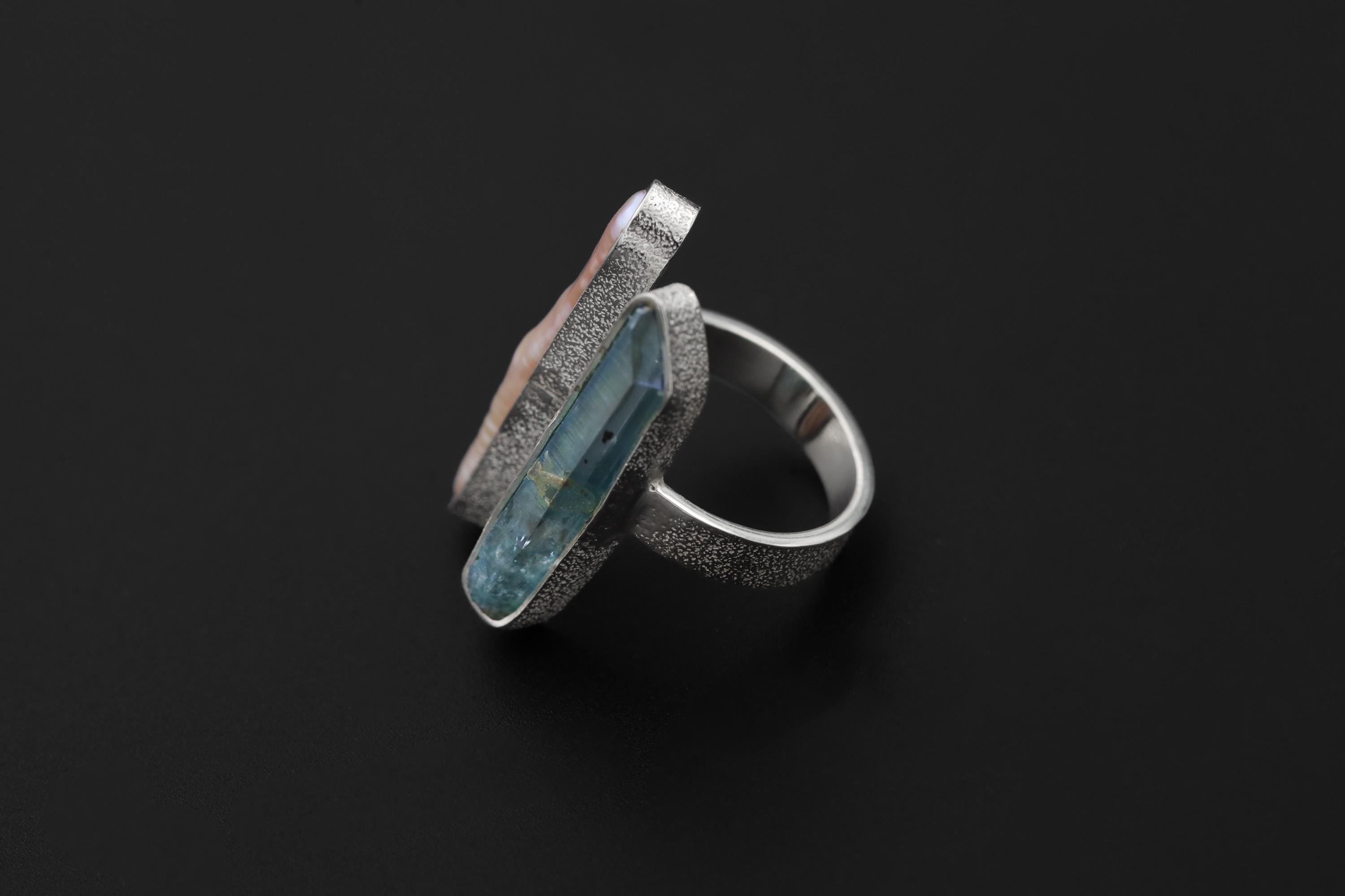 Pearl Aqua Aura Quartz Ring 925 Silver Adjustable Open Ring Organic Texture Statement Jewelry