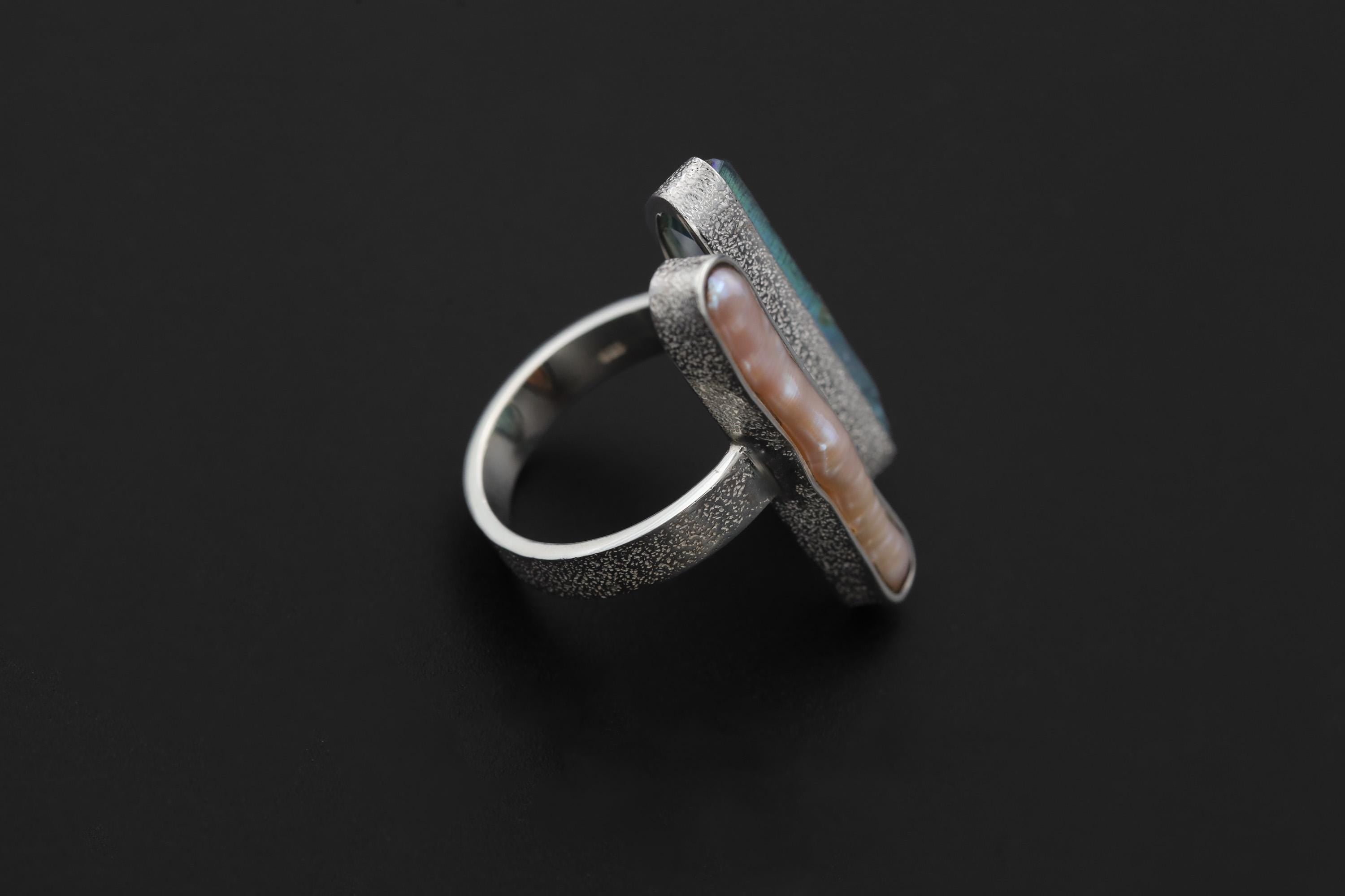 Pearl Aqua Aura Quartz Ring 925 Silver Adjustable Open Ring Organic Texture Statement Jewelry