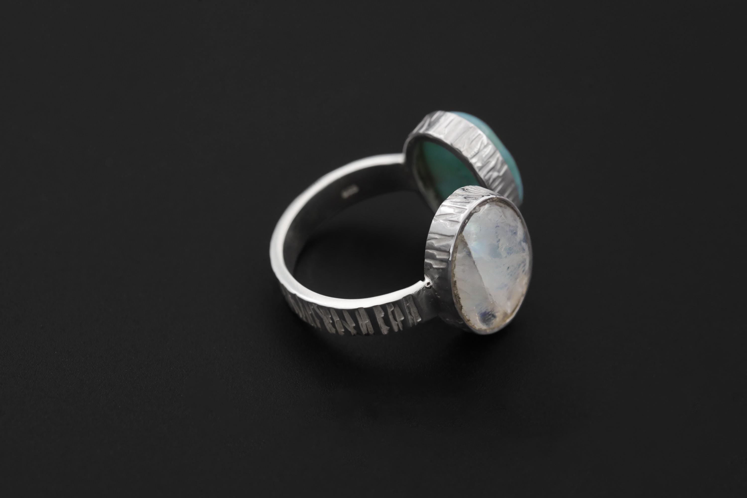 Larimar Blue Moonstone Ring 925 Silver Adjustable Open Dual Stone Statement Jewelry