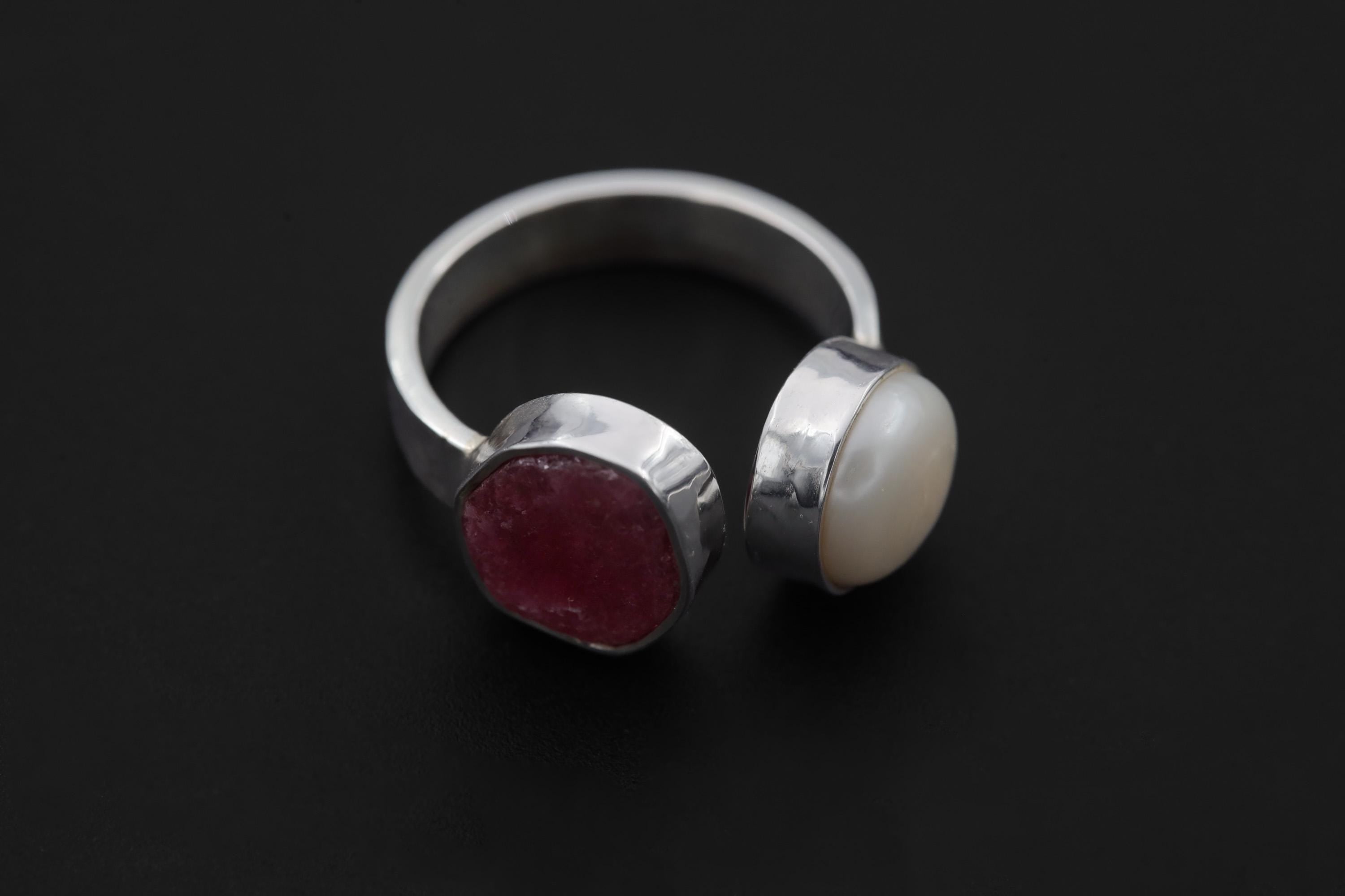 Ruby South Sea Pearl Ring 925 Sterling Silver Adjustable Hammered Band Heart Root Chakra July Birthstone Gift