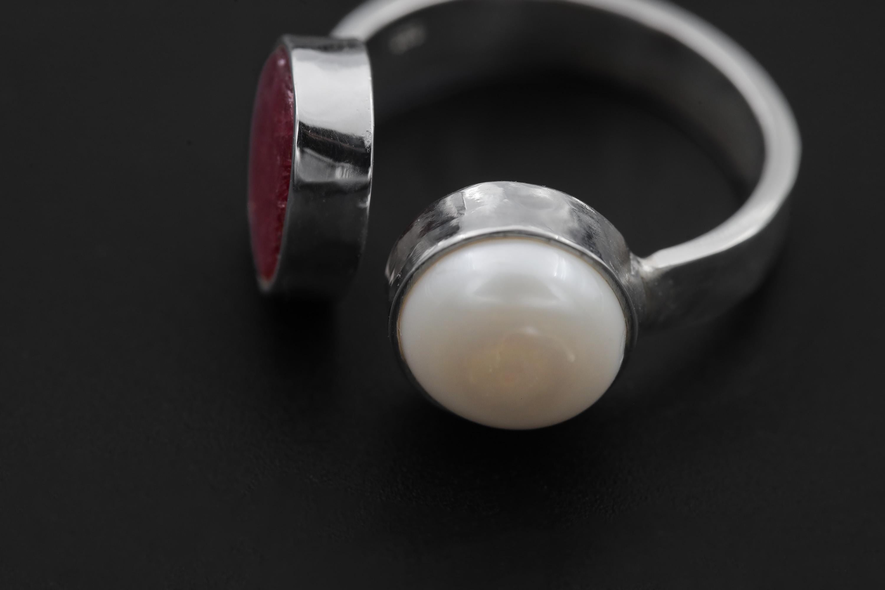 Ruby South Sea Pearl Ring 925 Sterling Silver Adjustable Hammered Band Heart Root Chakra July Birthstone Gift
