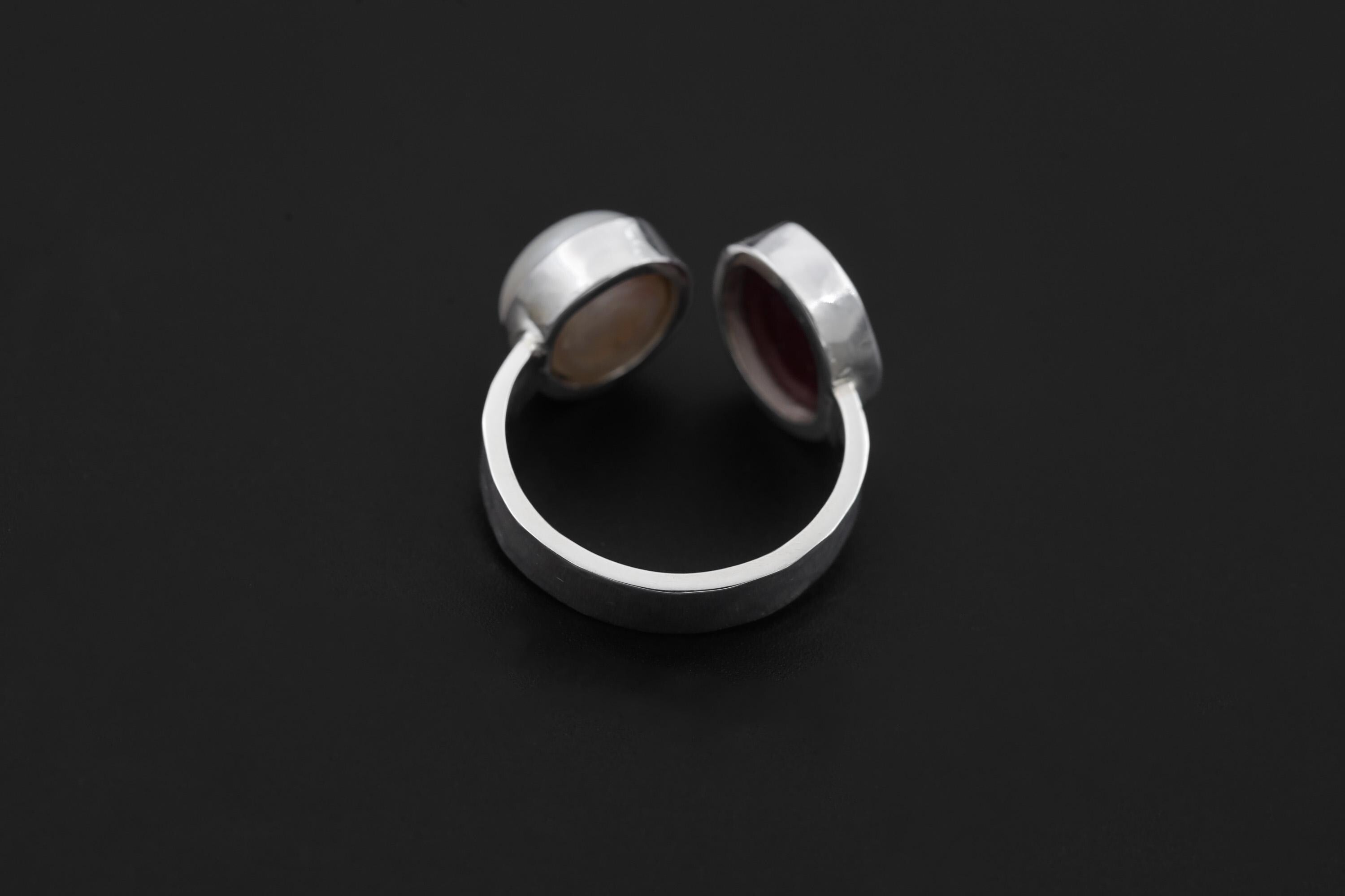 Ruby South Sea Pearl Ring 925 Silver Adjustable Open Dual Stone Statement Jewelry