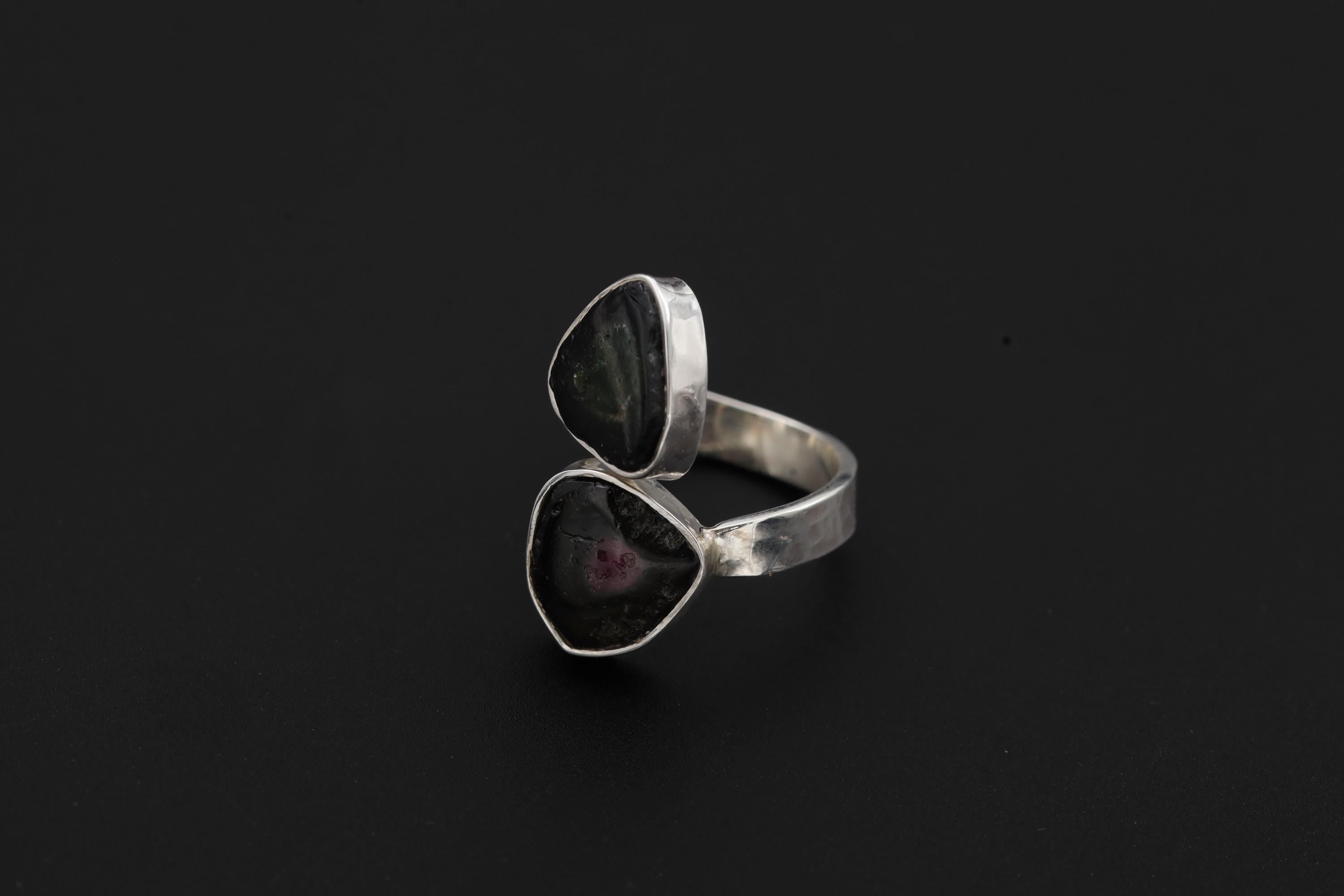Dual Tourmaline Ring, 925 Sterling Silver Adjustable Open Band
