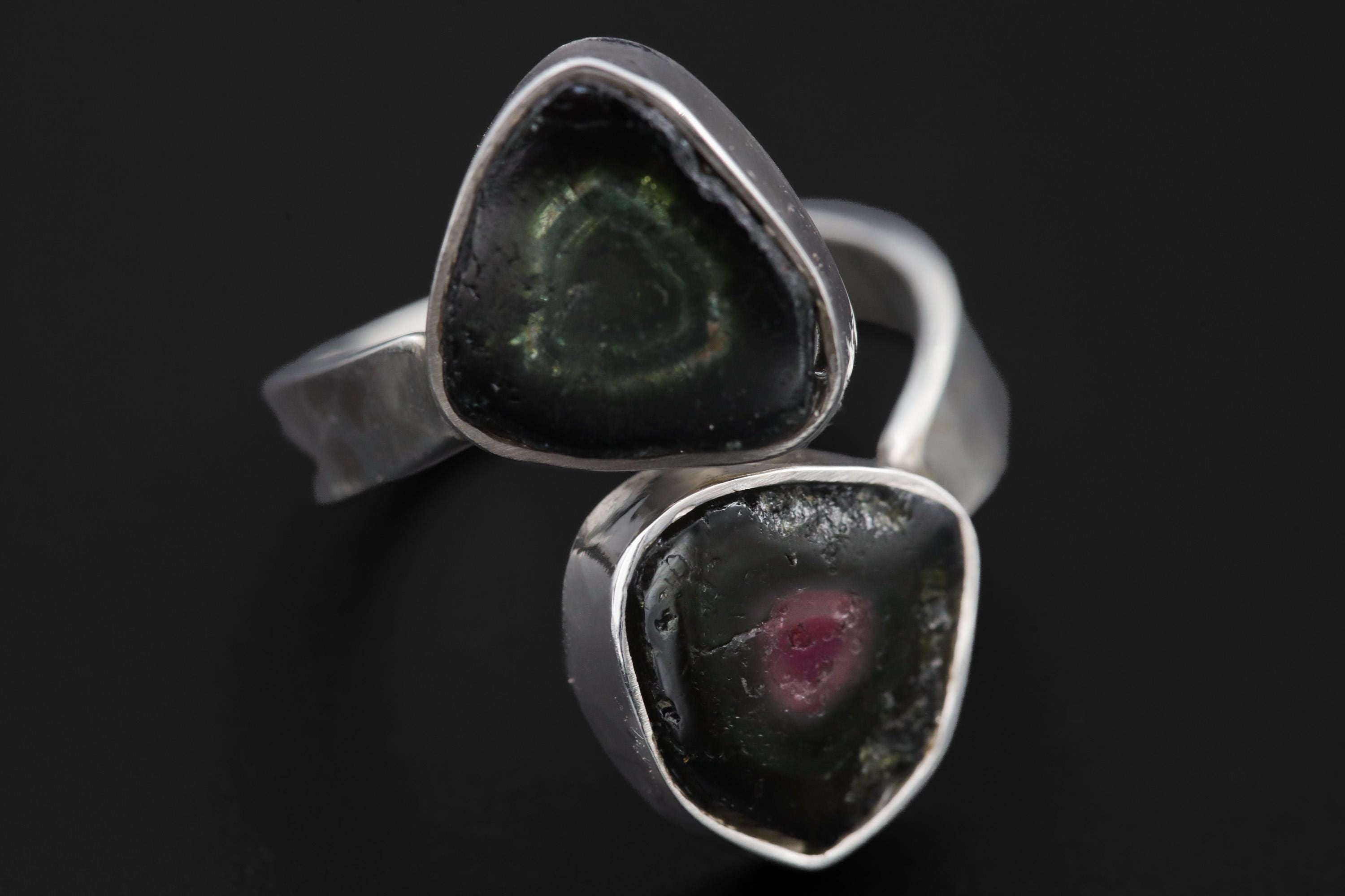 Dual Tourmaline Ring, 925 Sterling Silver Adjustable Open Band