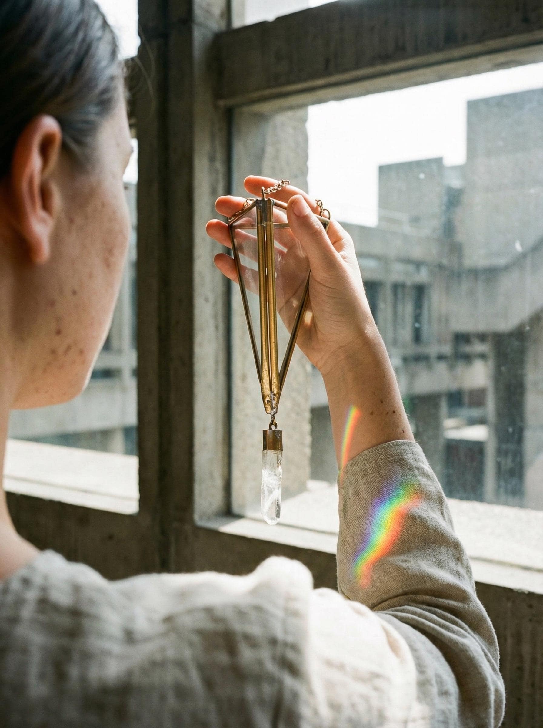Brass Triangle Quartz Crystal Ornament - Geometric Boho Decor