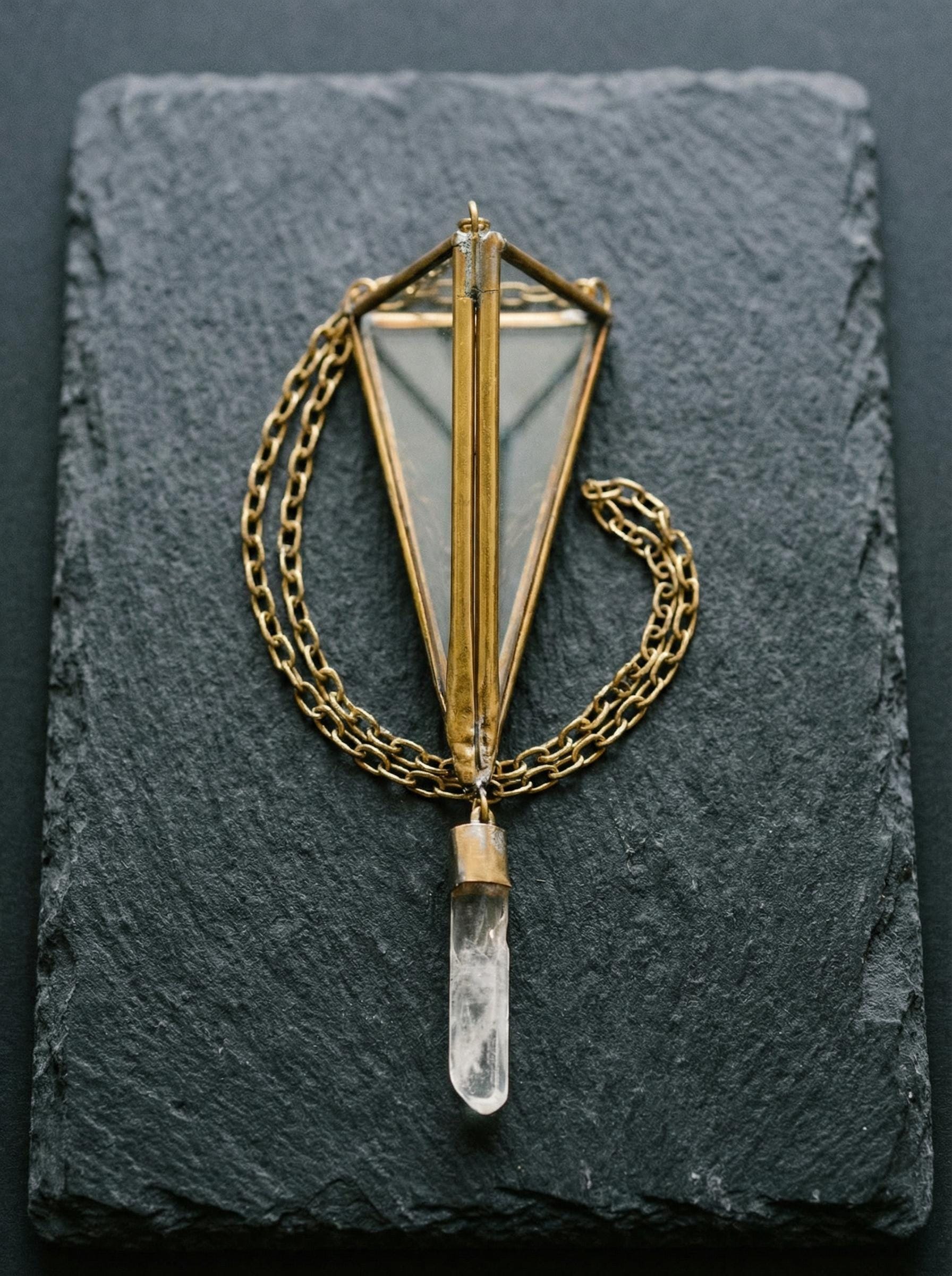 Brass Triangle Quartz Crystal Ornament - Geometric Boho Decor