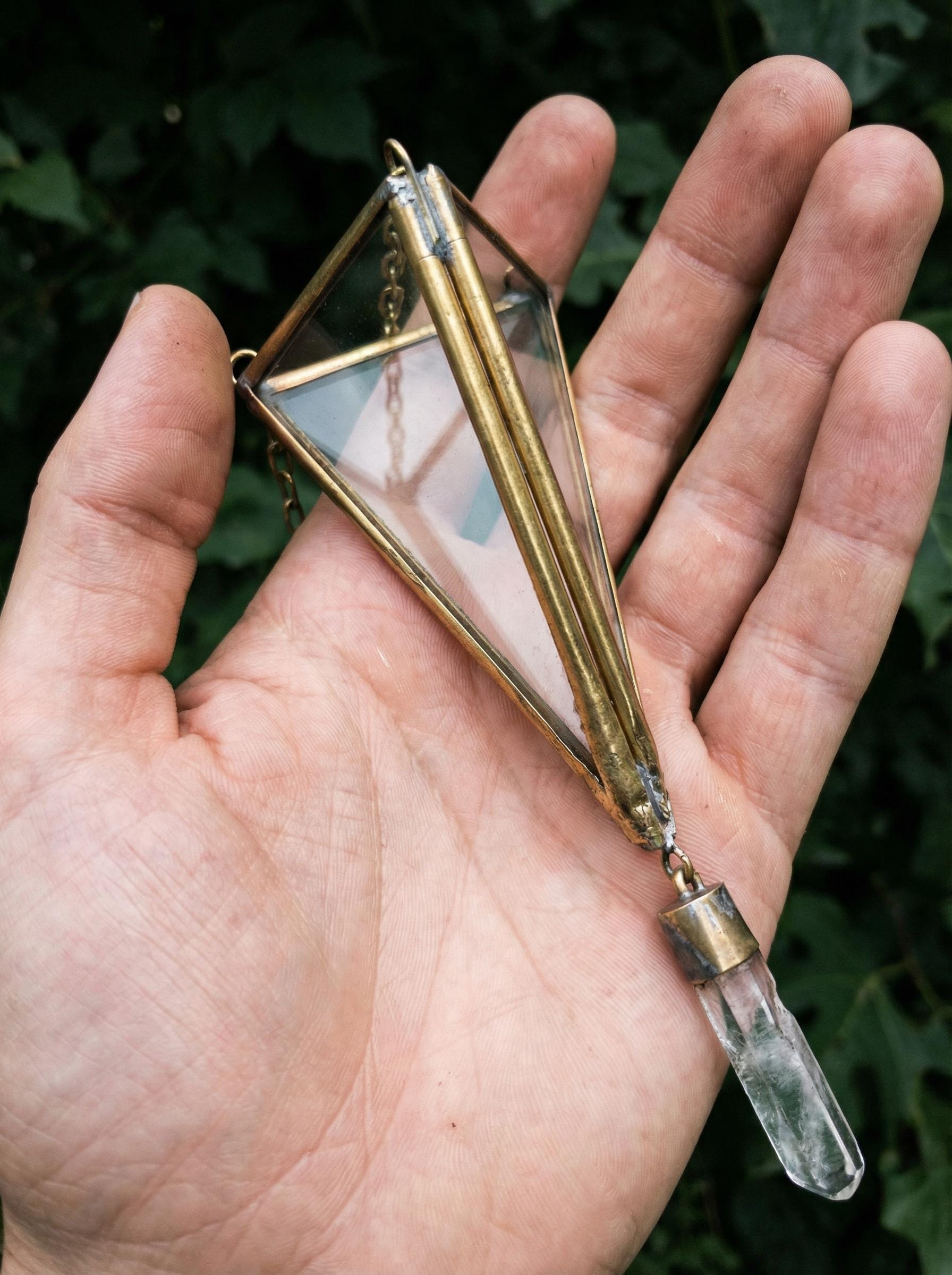 Brass Triangle Quartz Crystal Ornament - Geometric Boho Decor