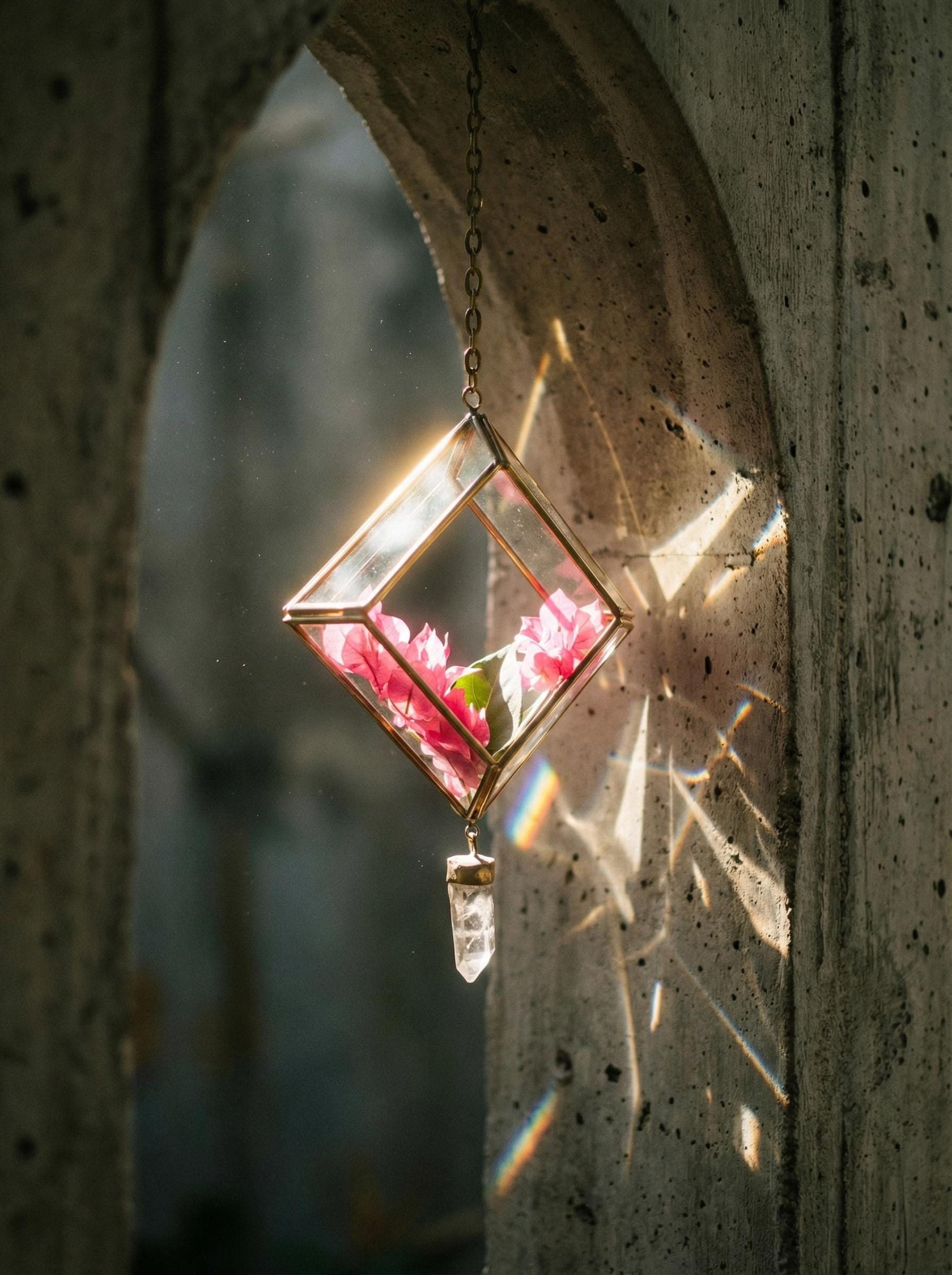 Quartz Reliquary Hanging Decoration – Geometric Glass & Brass Ornament, Raw Crystal Point, Sacred Home Decor
