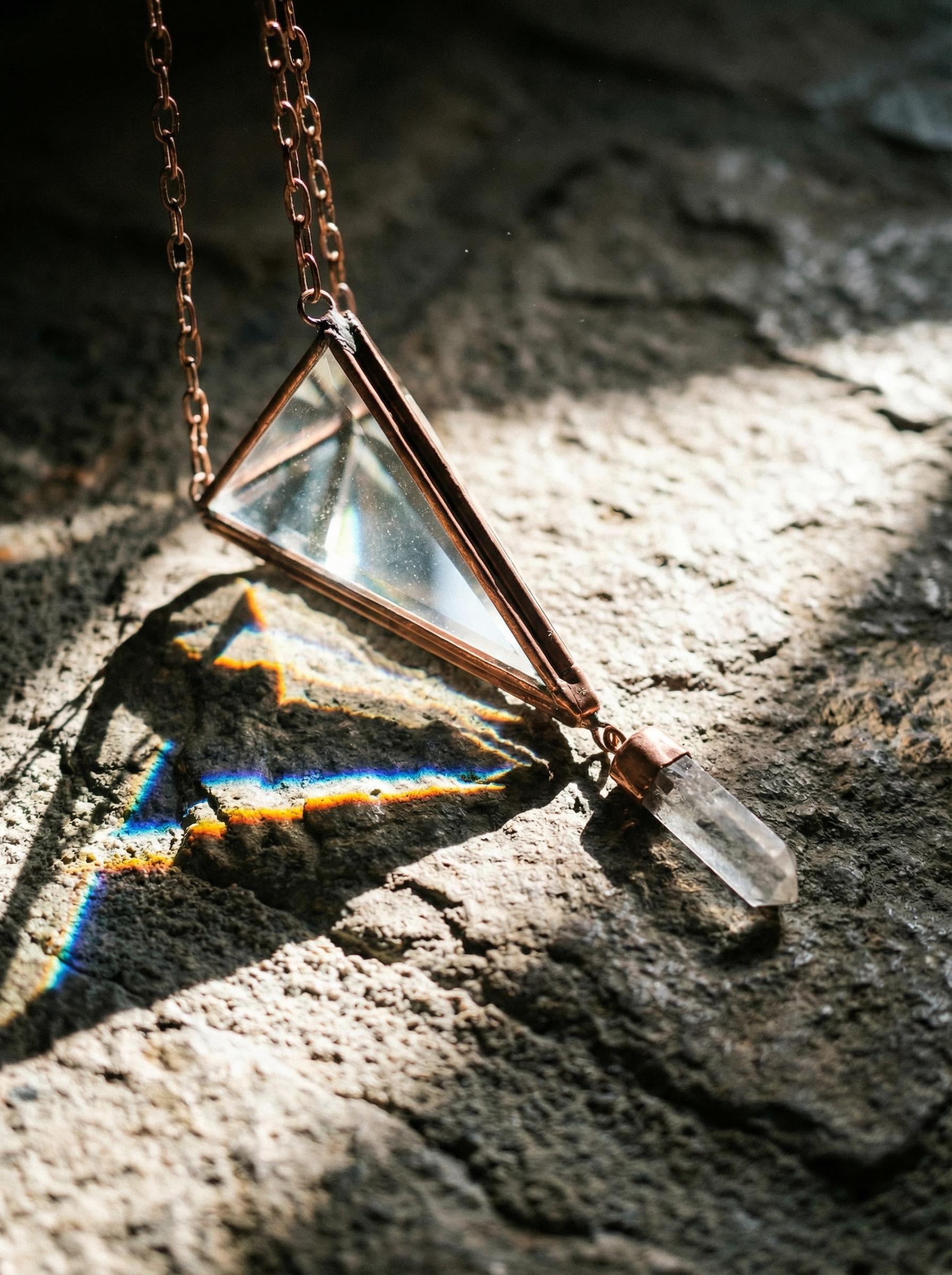 Copper Triangle Quartz Crystal Ornament: Boho Sacred Space Decor