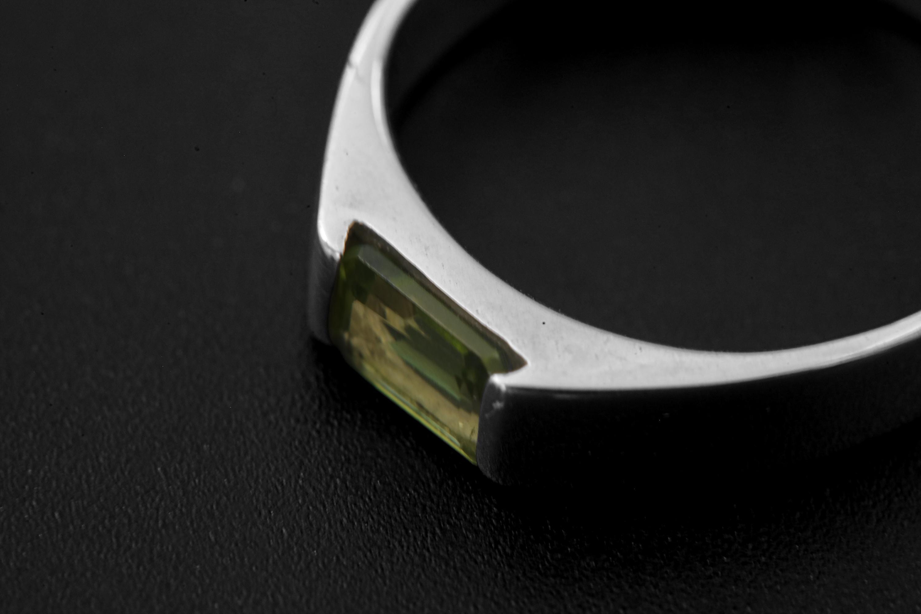 Octagon Peridot Ring, Sterling Silver High Shine Band, Heart Chakra Jewelry