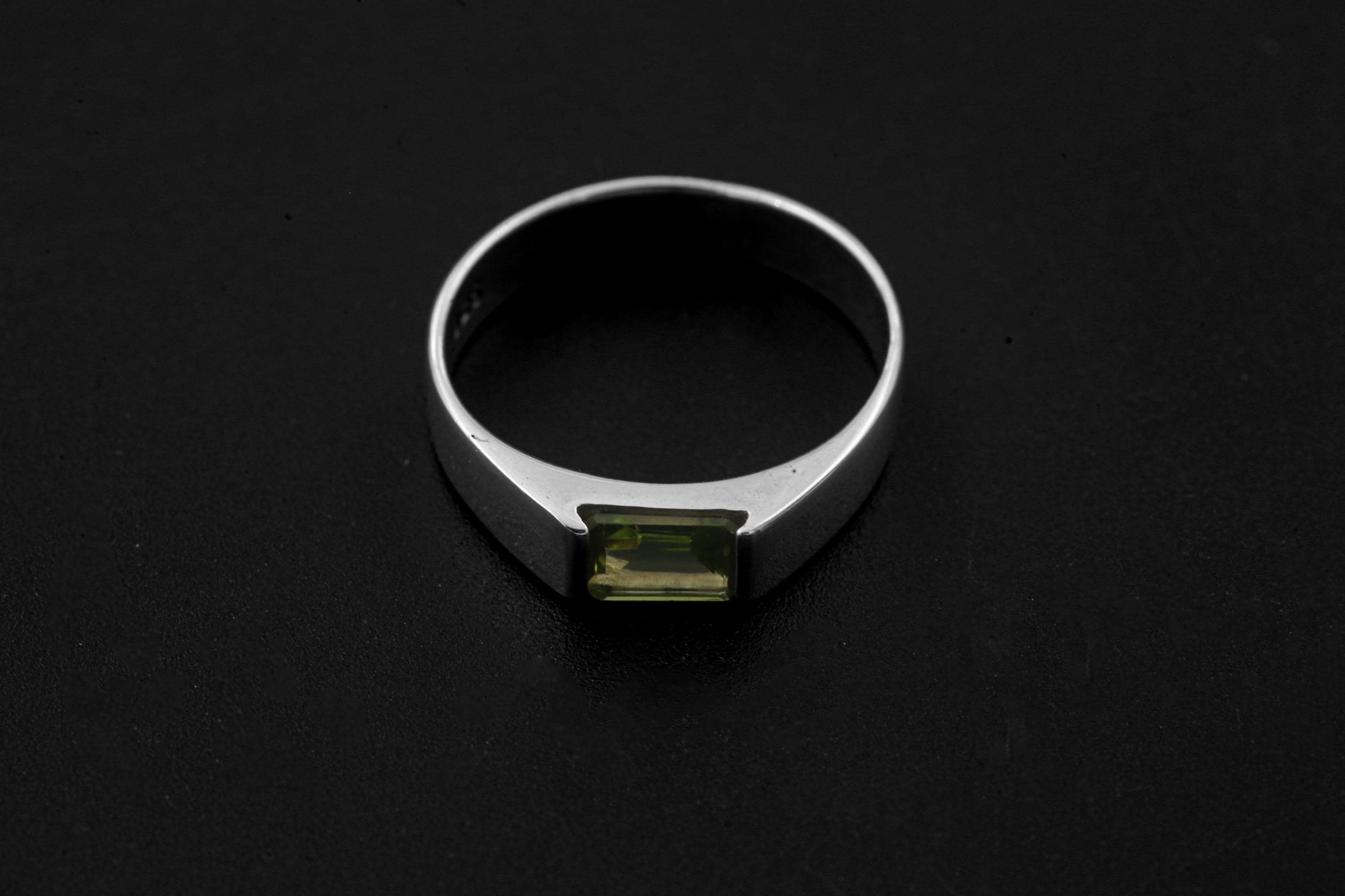 Octagon Peridot Ring, Sterling Silver High Shine Band, Heart Chakra Jewelry
