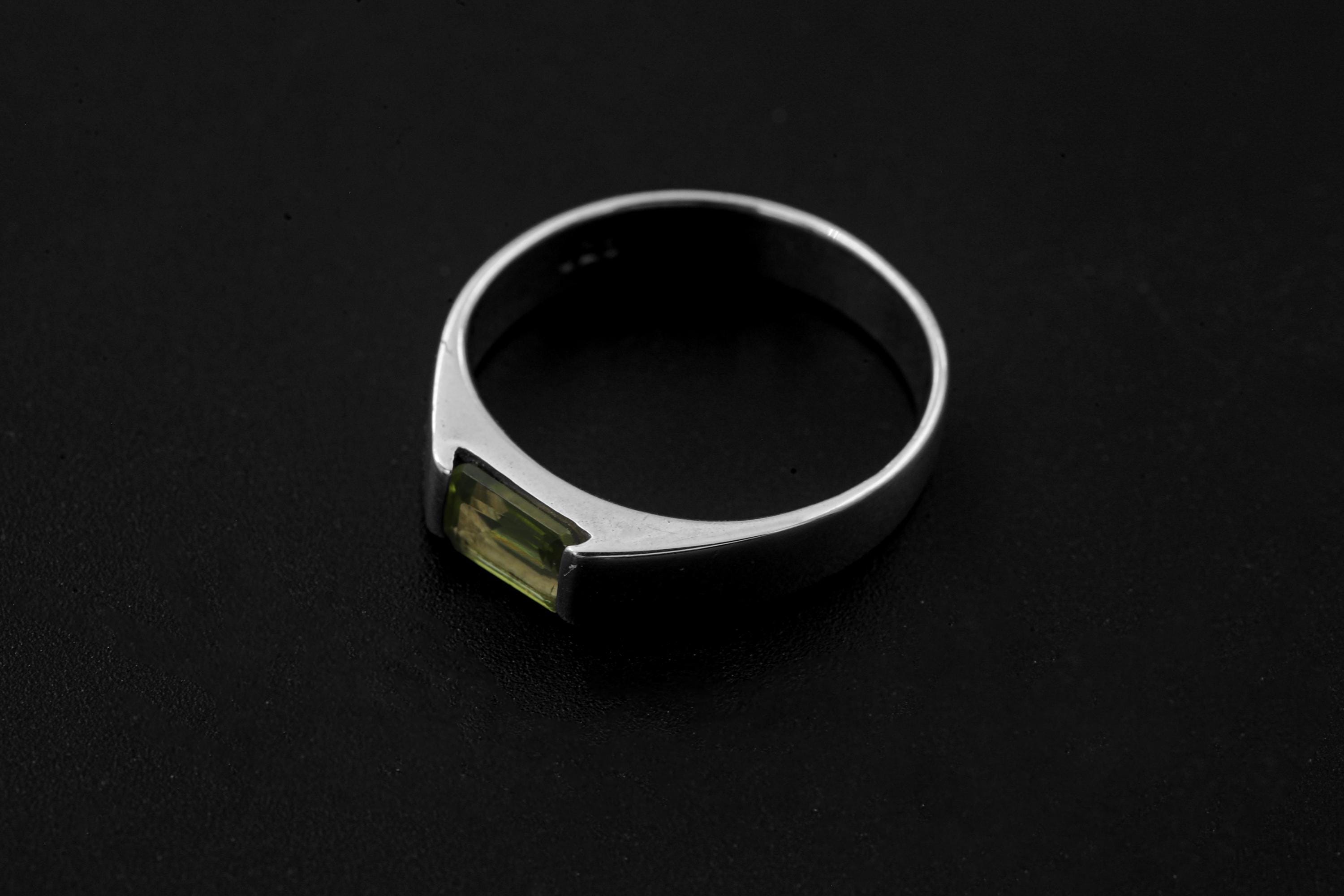 Octagon Peridot Ring, Sterling Silver High Shine Band, Heart Chakra Jewelry