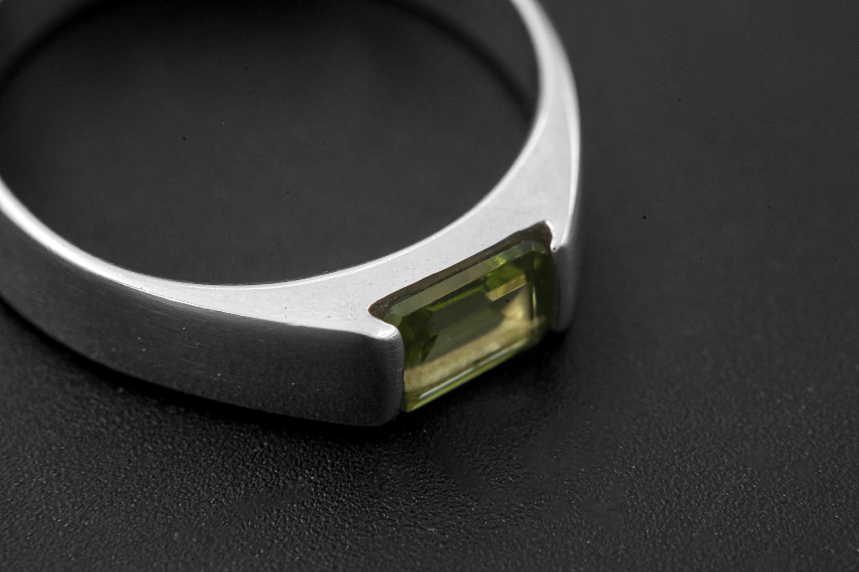 Octagon Peridot Ring, Sterling Silver High Shine Band, Heart Chakra Jewelry
