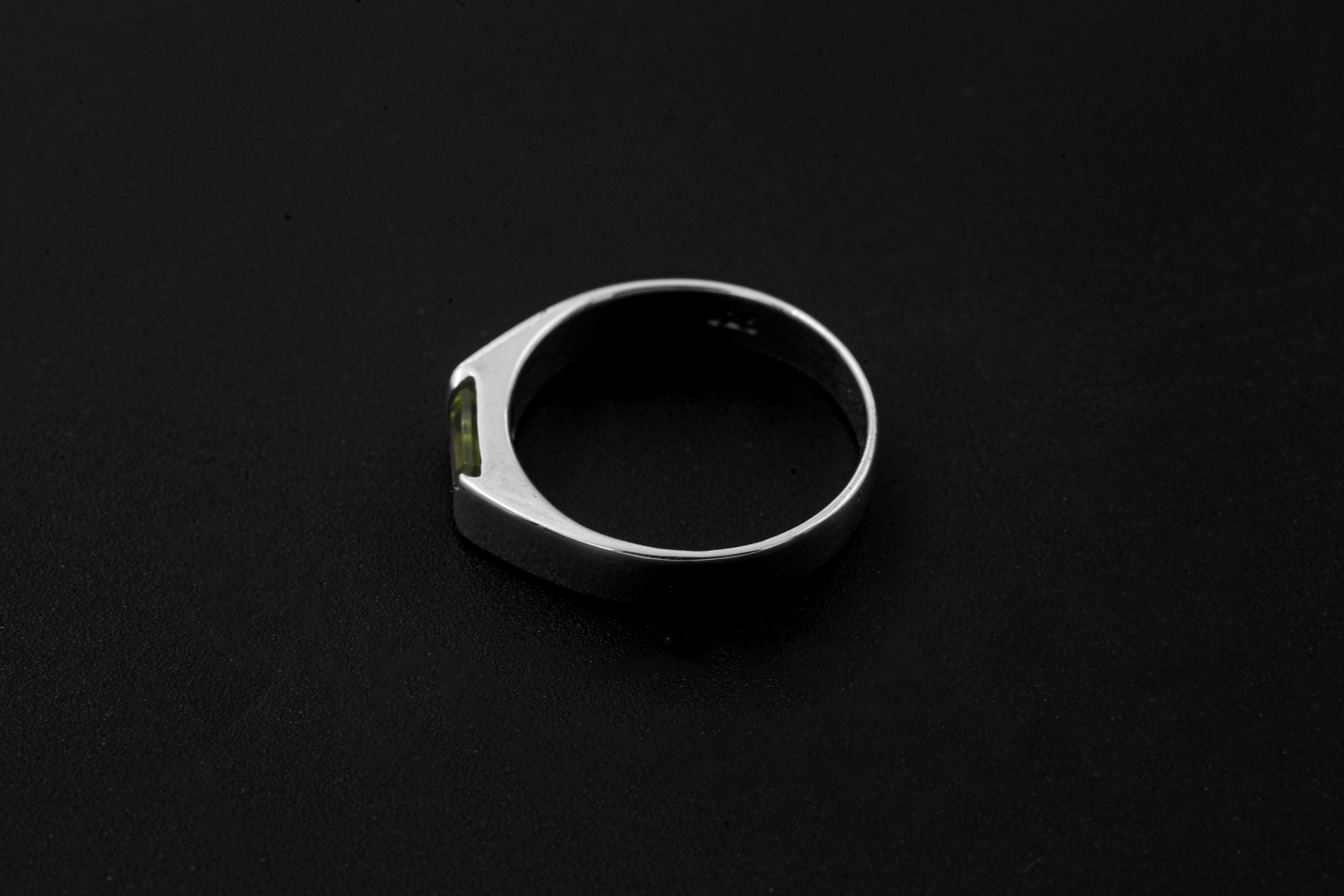 Octagon Peridot Ring, Sterling Silver High Shine Band, Heart Chakra Jewelry