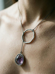Amethyst Noose Necklace, 925 Oxidized Silver, Raw Crystal Pendant, Unique Loop Chain, Brushed Texture, Modern Spiritual Jewelry