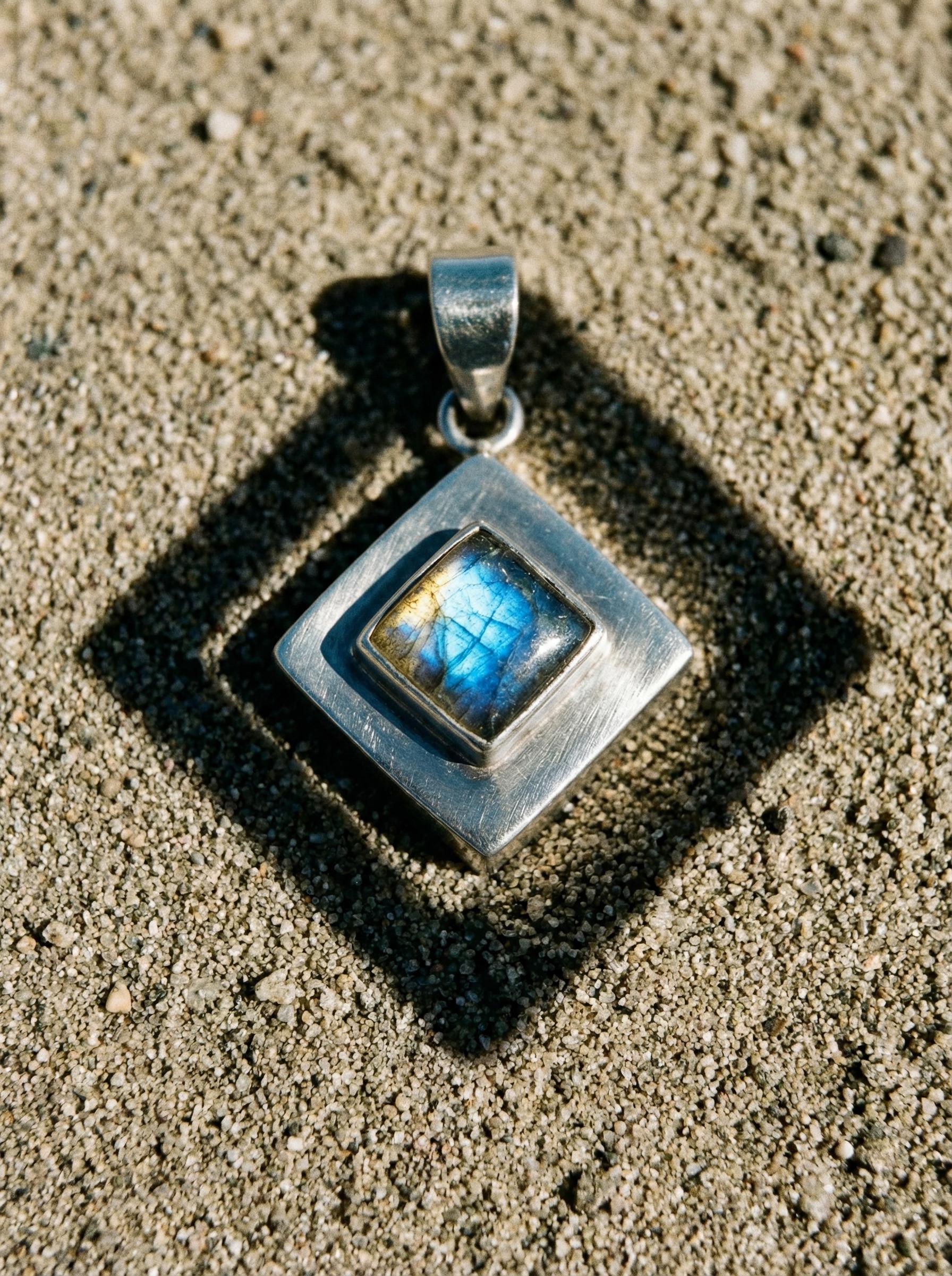 Labradorite Silver Locket Pendant, Diamond Shape, Third Eye Healing Stone