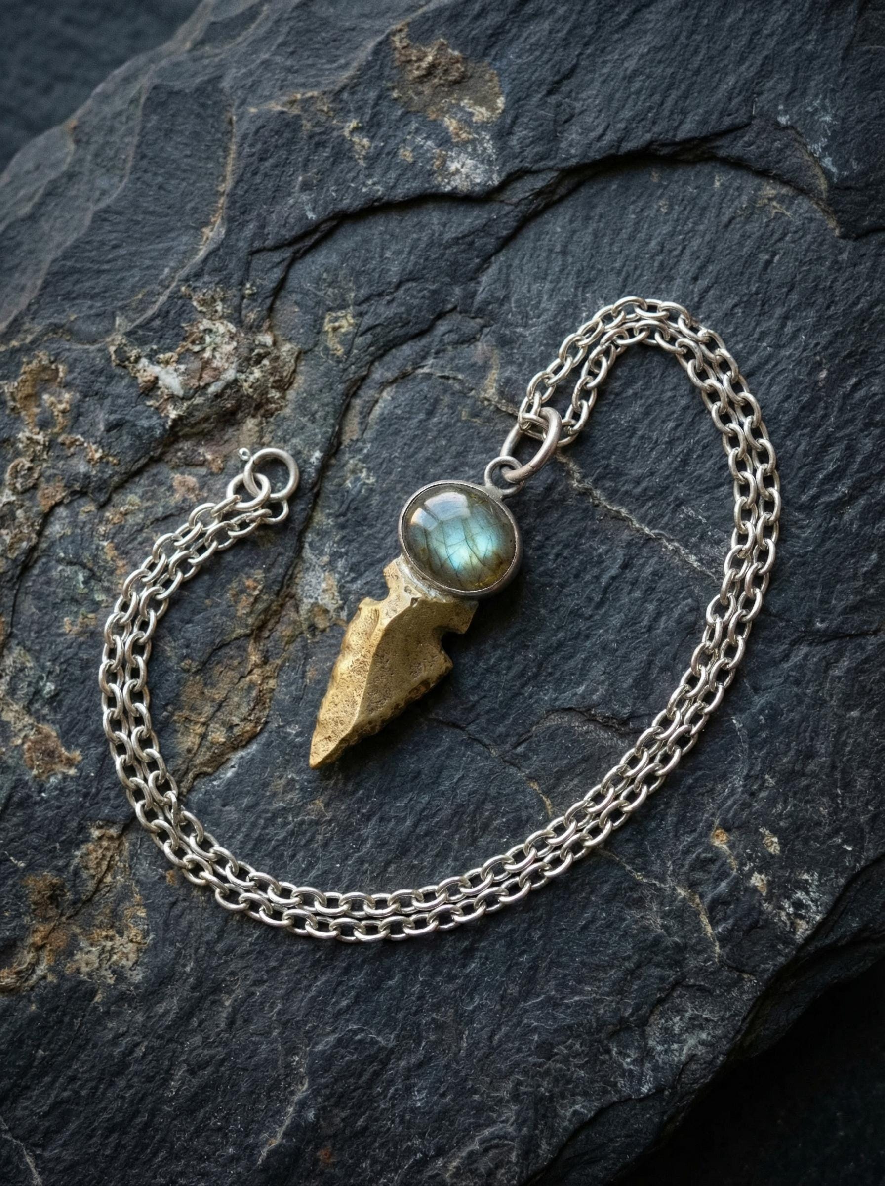 Labradorite Obsidian Pendant Sterling Silver Brass Spearhead Necklace Third Eye Root Chakra Talisman Gift