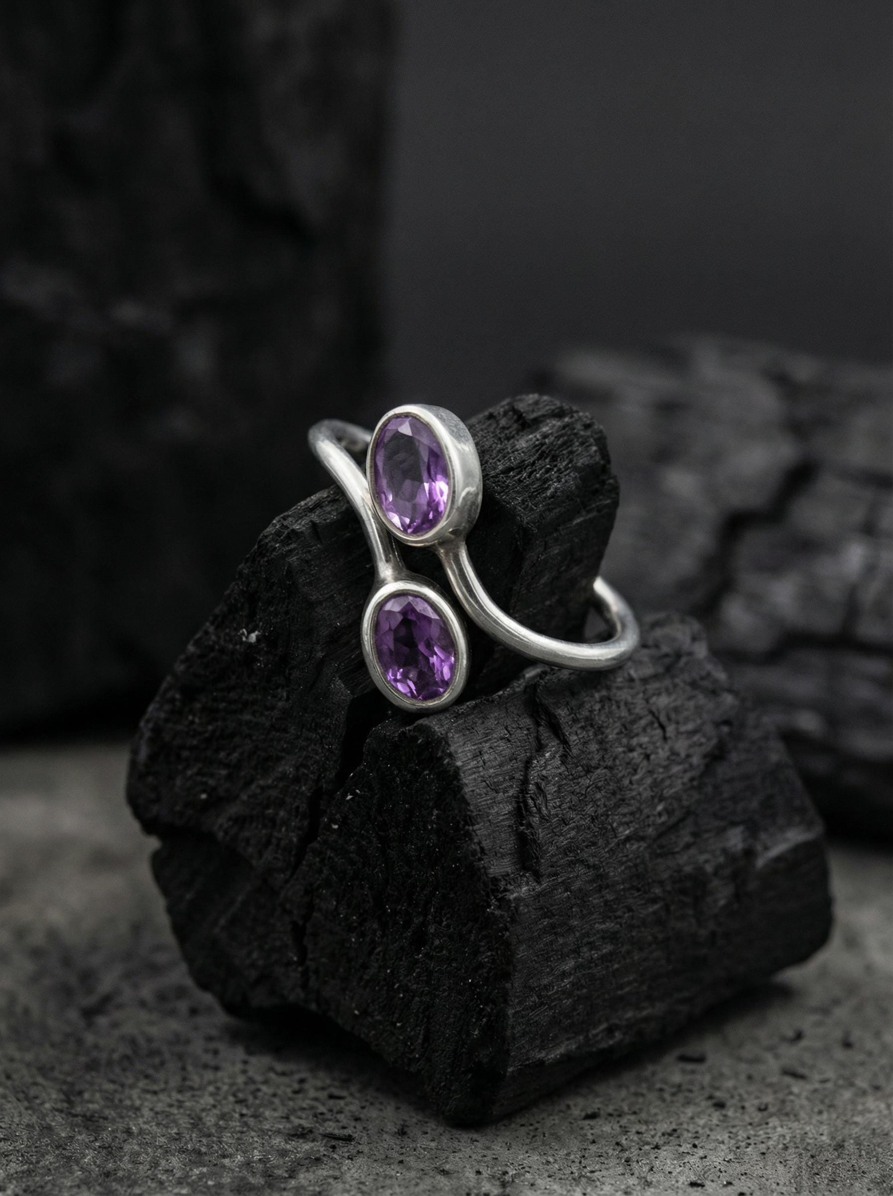 Twin Amethyst Ring Sterling Silver Adjustable Open Band Faceted Oval Purple Quartz Pisces Aquarius Gift