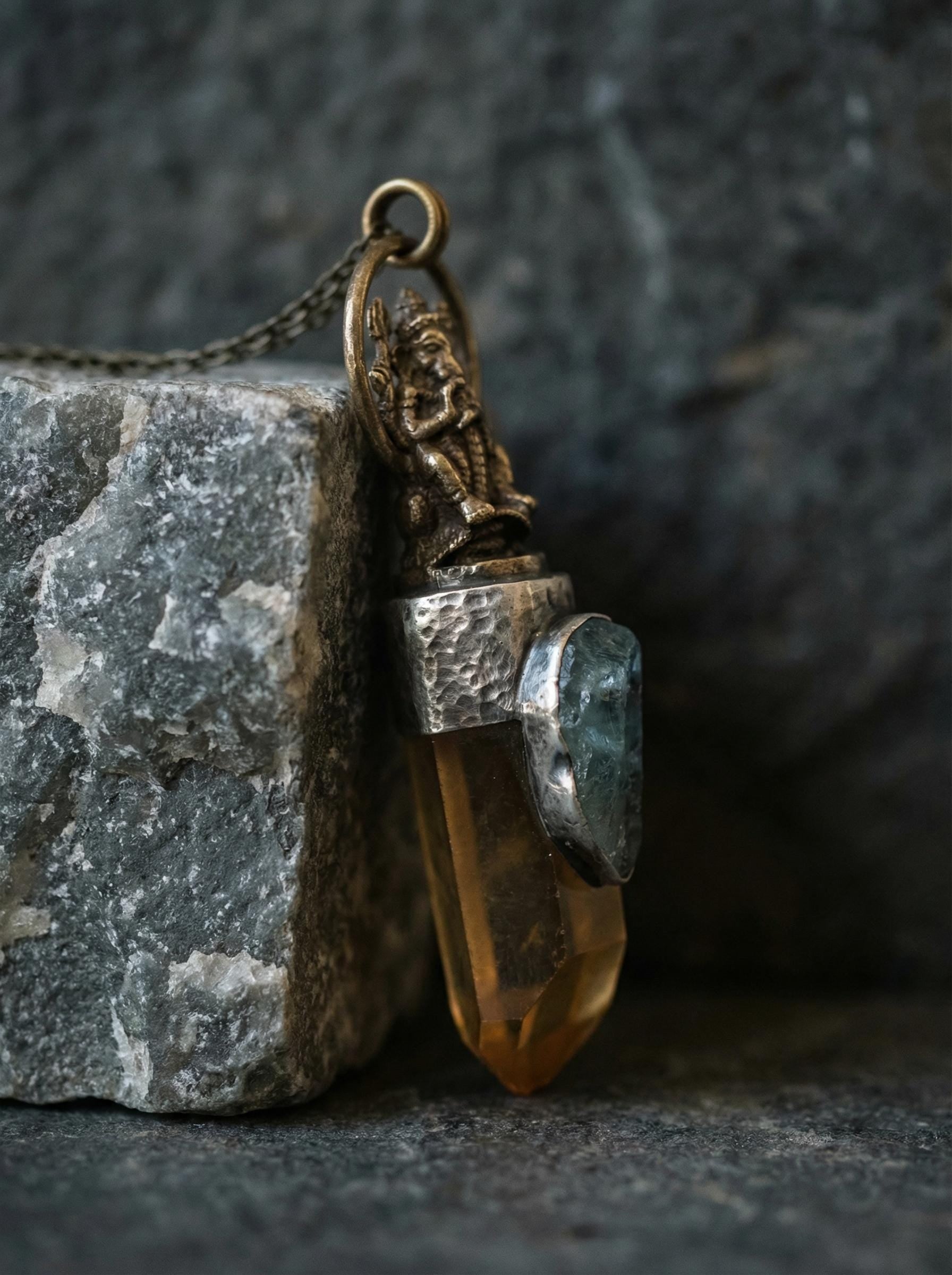 Lemurian Quartz Pendant Ganesha Brass 925 Silver Aquamarine Cabochon Oxidized Hammered Spiritual Jewelry