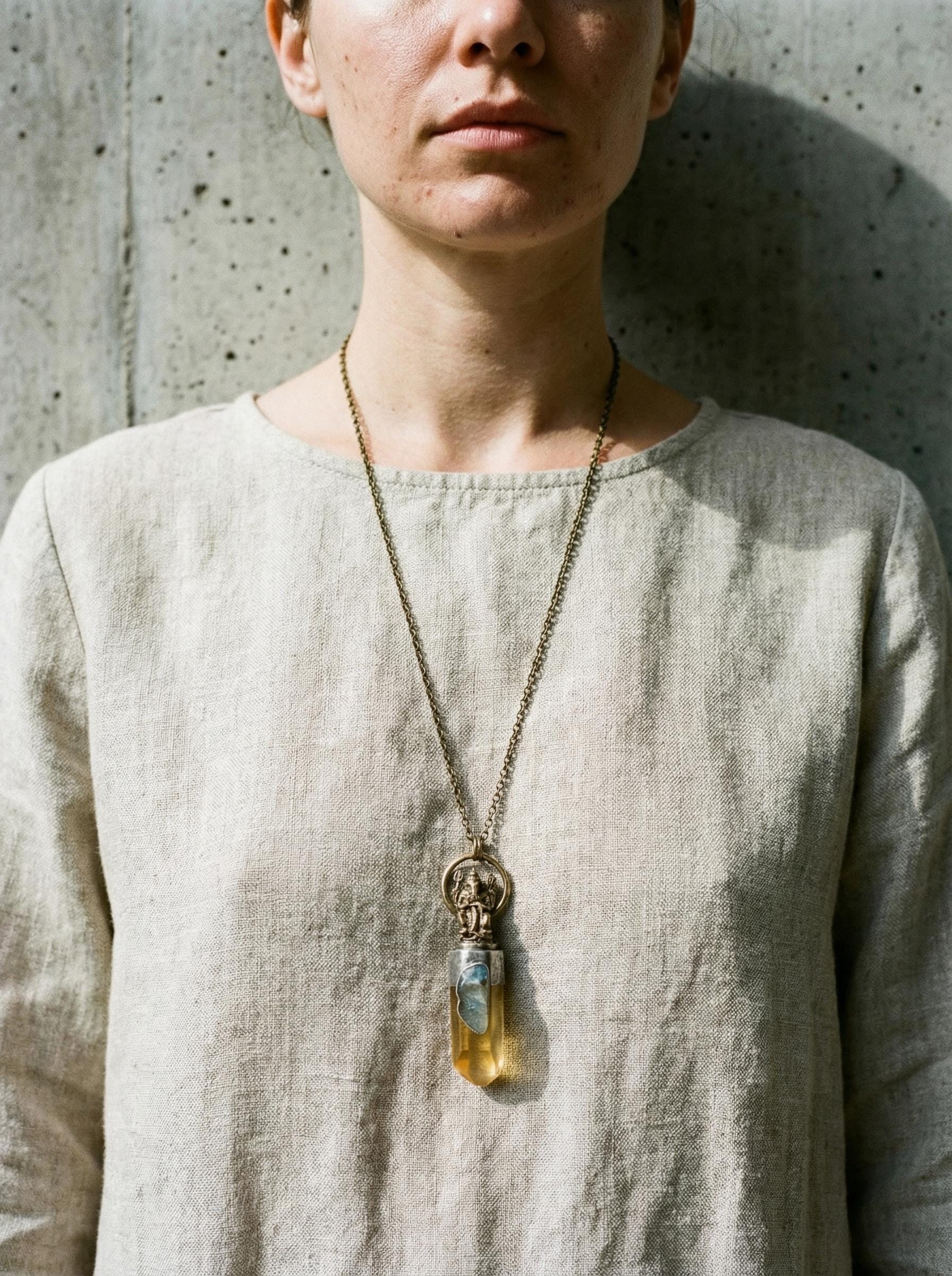Lemurian Quartz Pendant Ganesha Brass 925 Silver Aquamarine Cabochon Oxidized Hammered Spiritual Jewelry