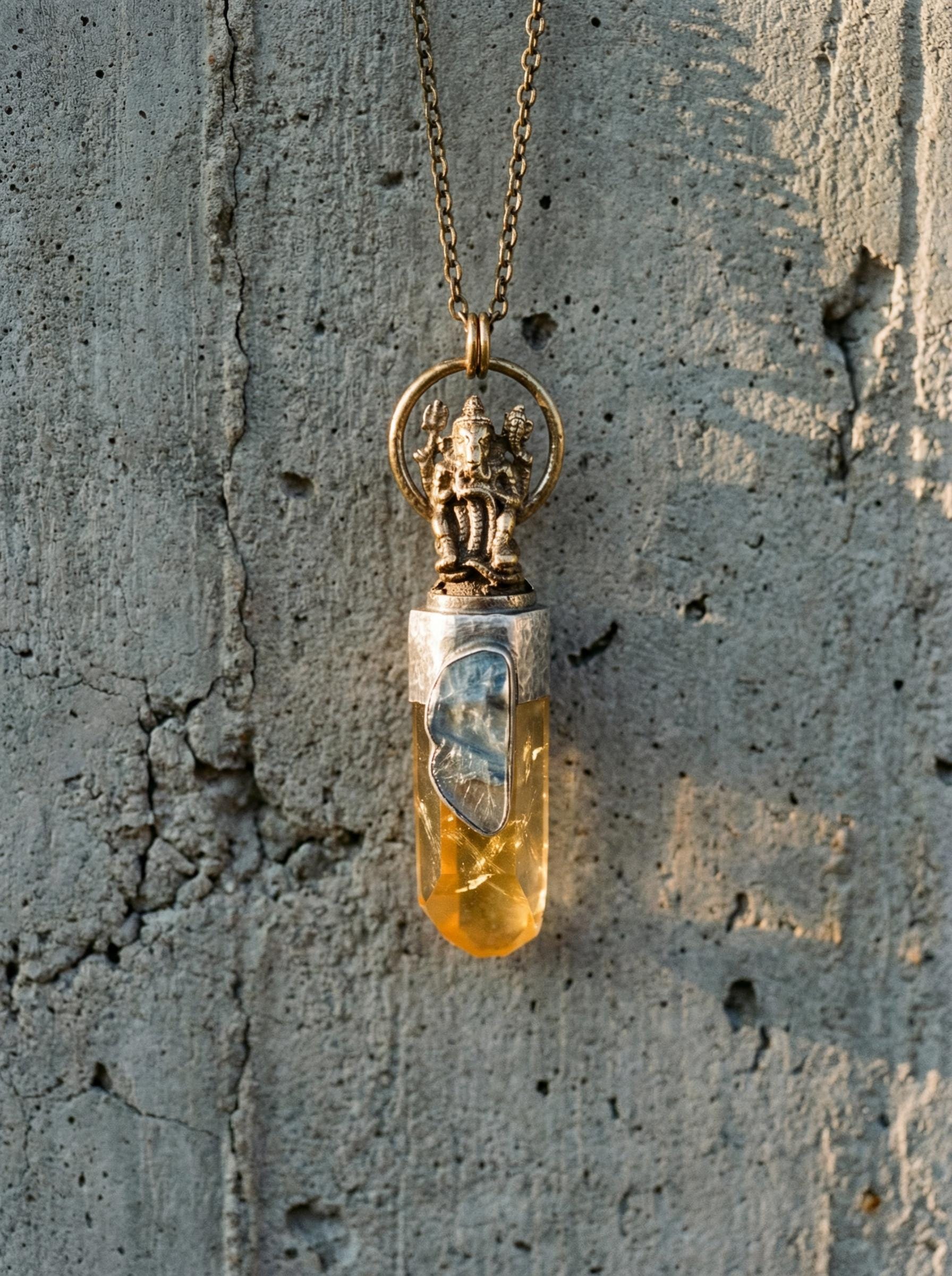 Lemurian Quartz Pendant Ganesha Brass 925 Silver Aquamarine Cabochon Oxidized Hammered Spiritual Jewelry