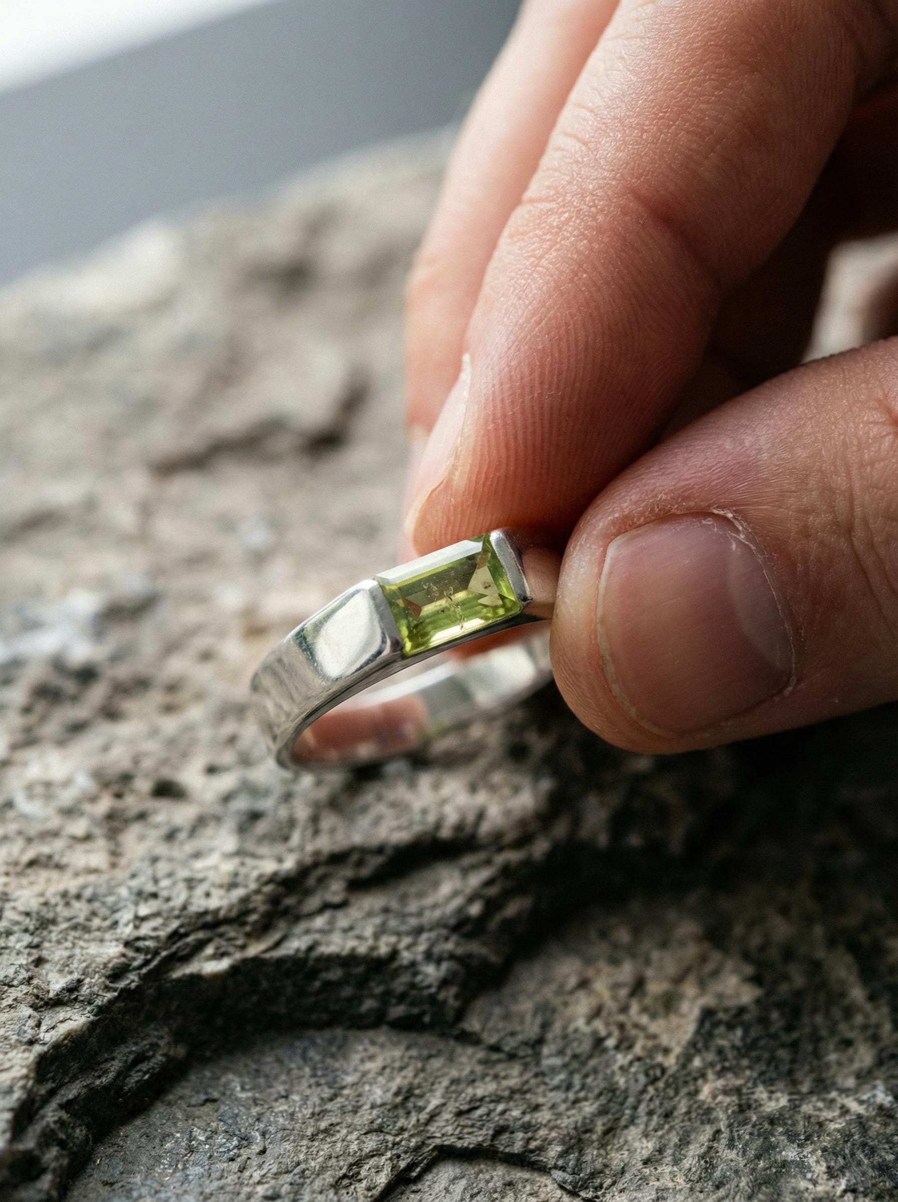 Octagon Peridot Ring, Sterling Silver High Shine Band, Heart Chakra Jewelry