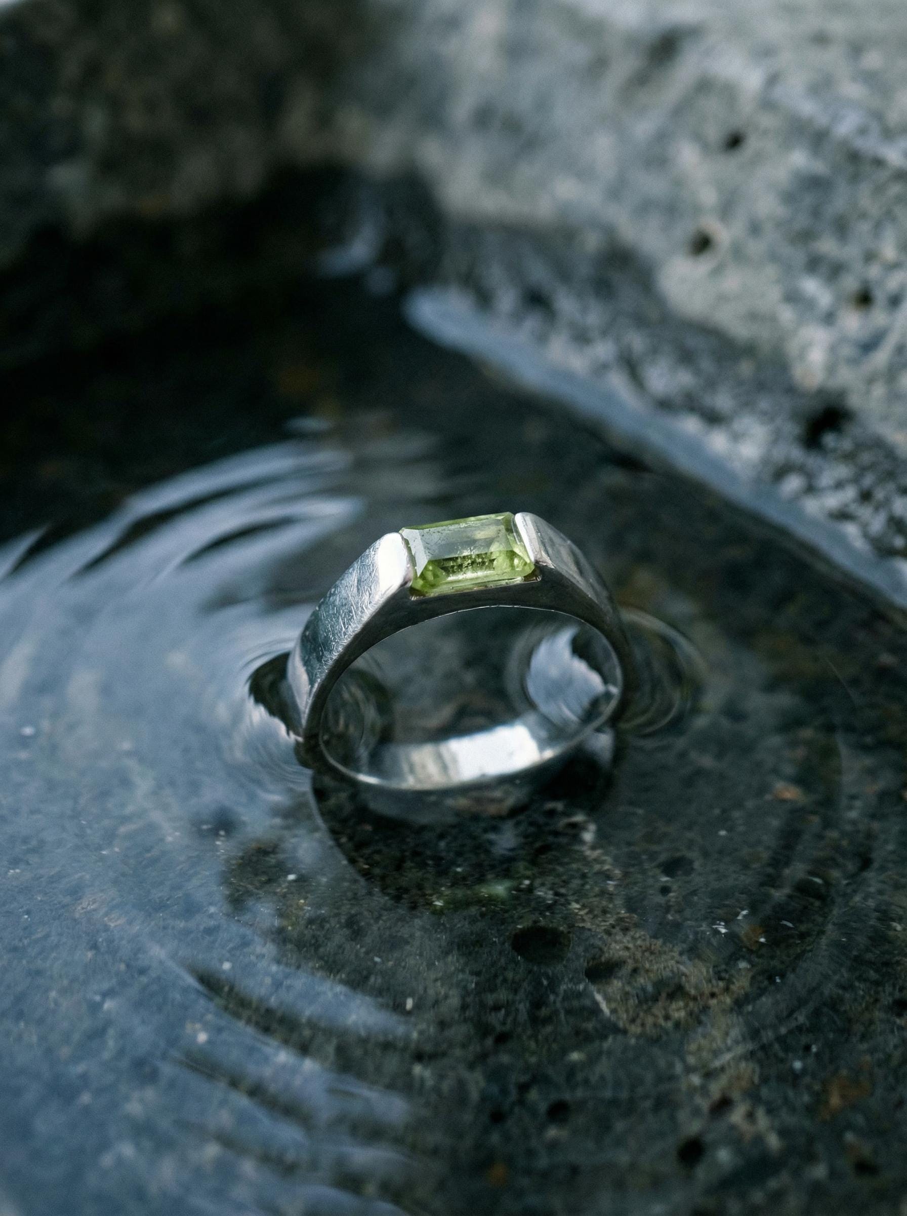 Octagon Peridot Ring, Sterling Silver High Shine Band, Heart Chakra Jewelry