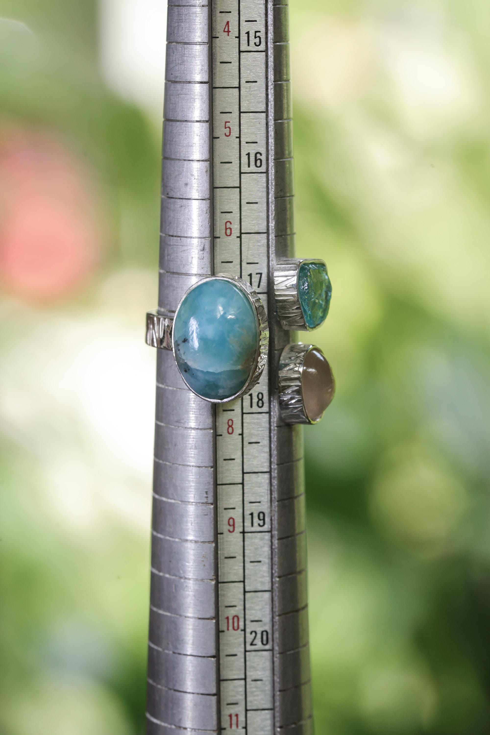 Larimar Apatite Moonstone Ring, 925 Silver Adjustable Triple Stone