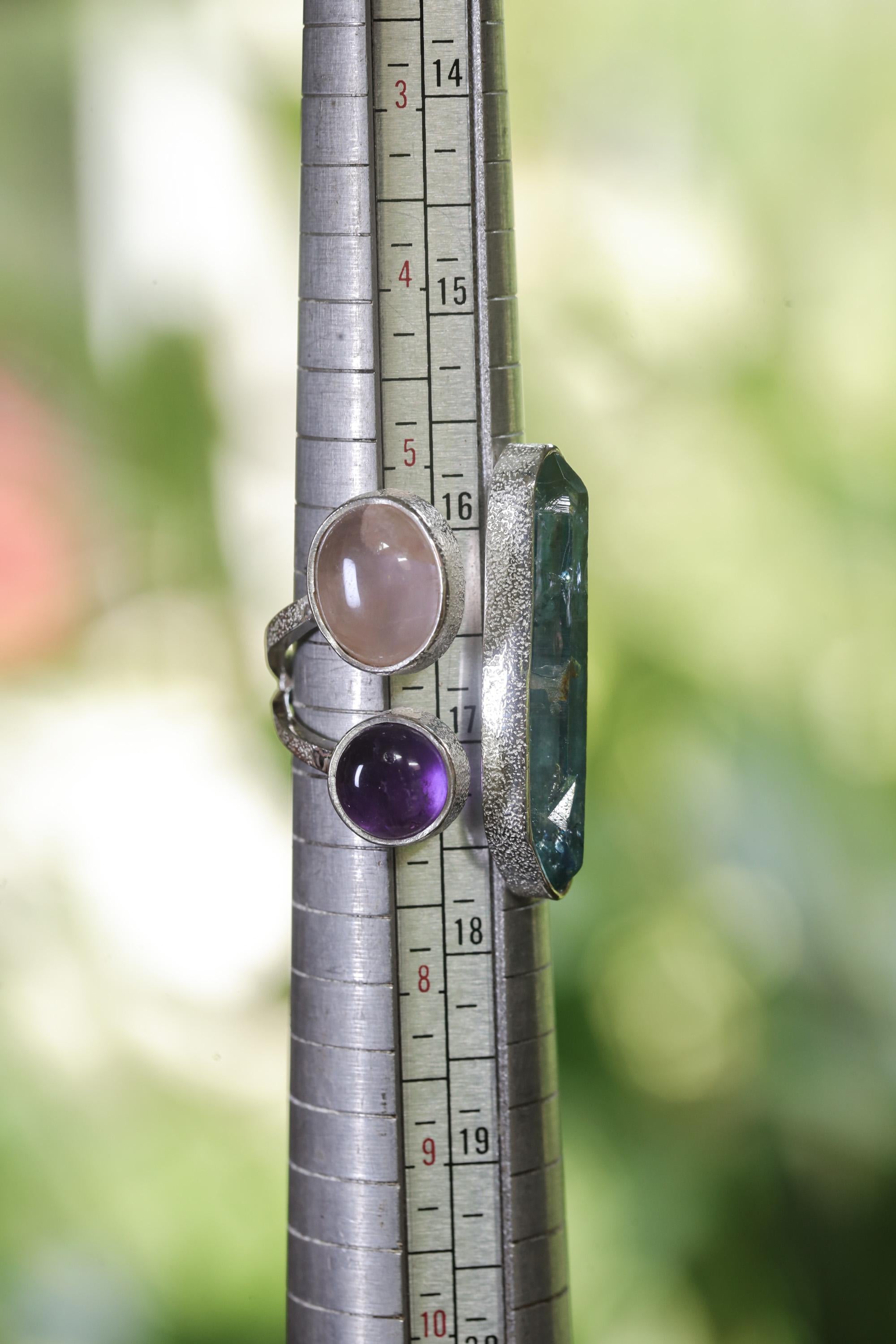 Aqua Aura Quartz Amethyst Rose Quartz Ring 925 Sterling Silver Adjustable Heart Crown Chakra Jewelry Gift