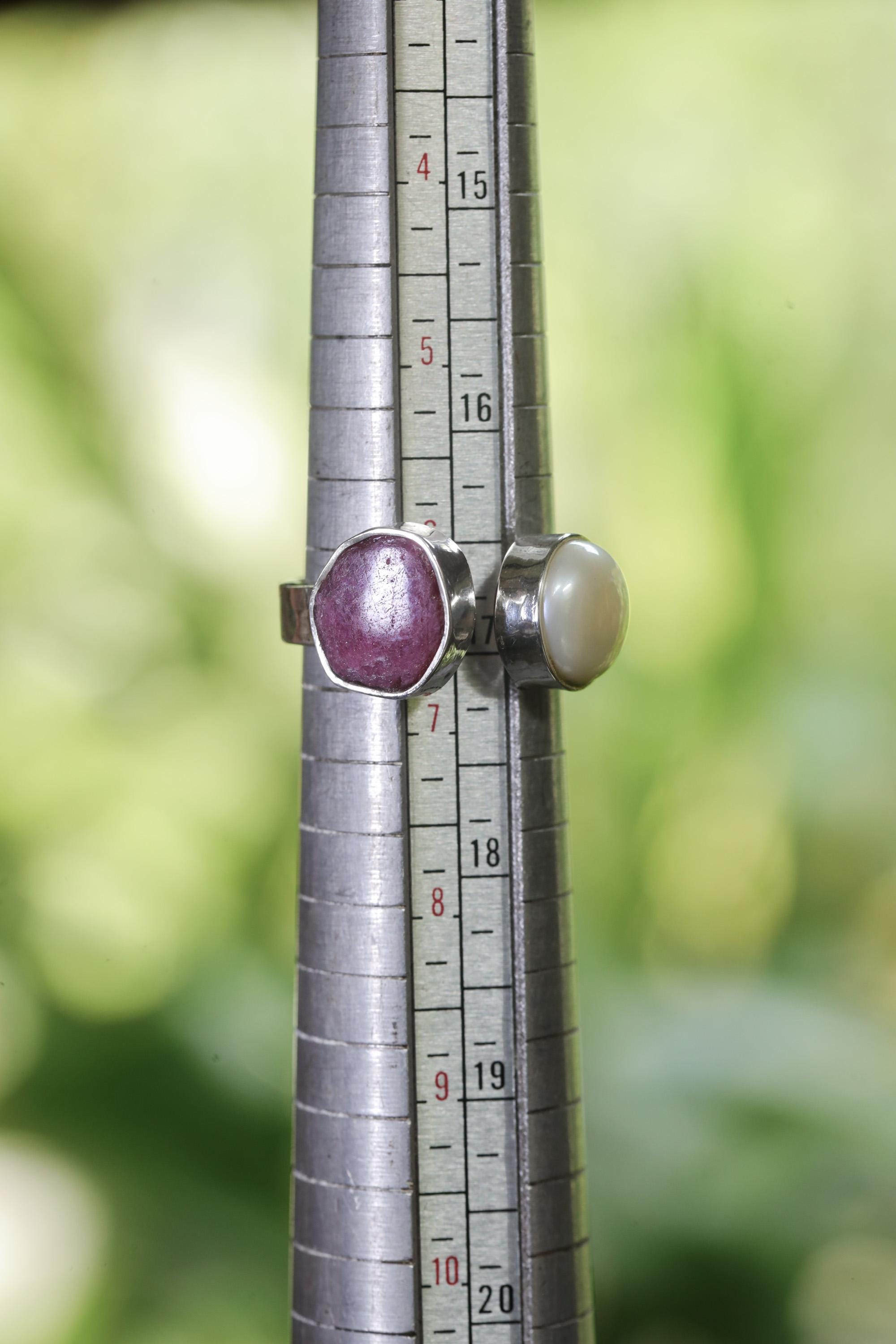 Ruby South Sea Pearl Ring 925 Silver Adjustable Open Dual Stone Statement Jewelry