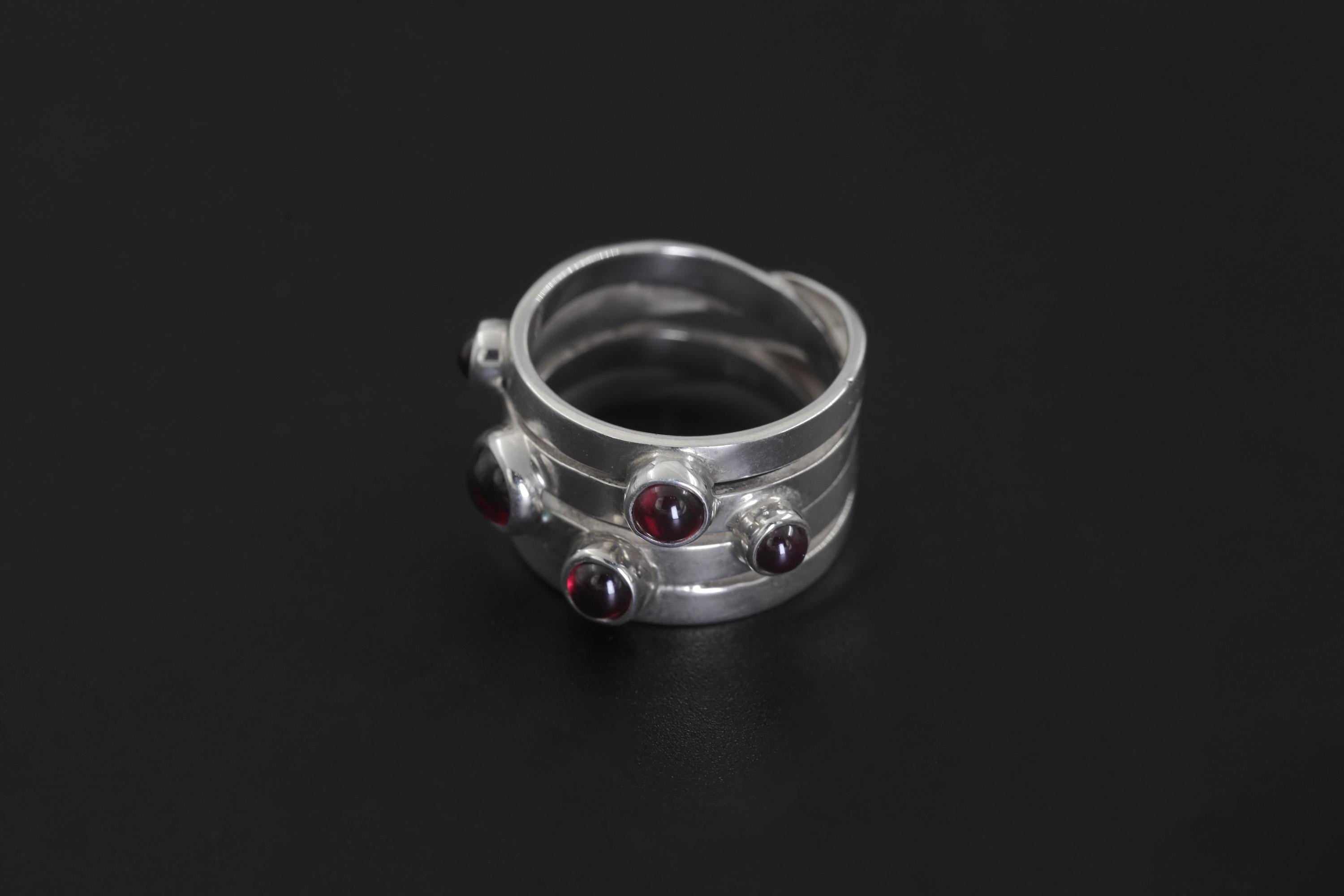 Red Garnet Silver Ring 925 Five Round Cabochon Stones High Shine Band Root Chakra Talisman Jewelry Gift Size 6 US