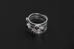 Red Garnet Silver Ring 925 Five Round Cabochon Stones High Shine Band Root Chakra Talisman Jewelry Gift Size 6 US
