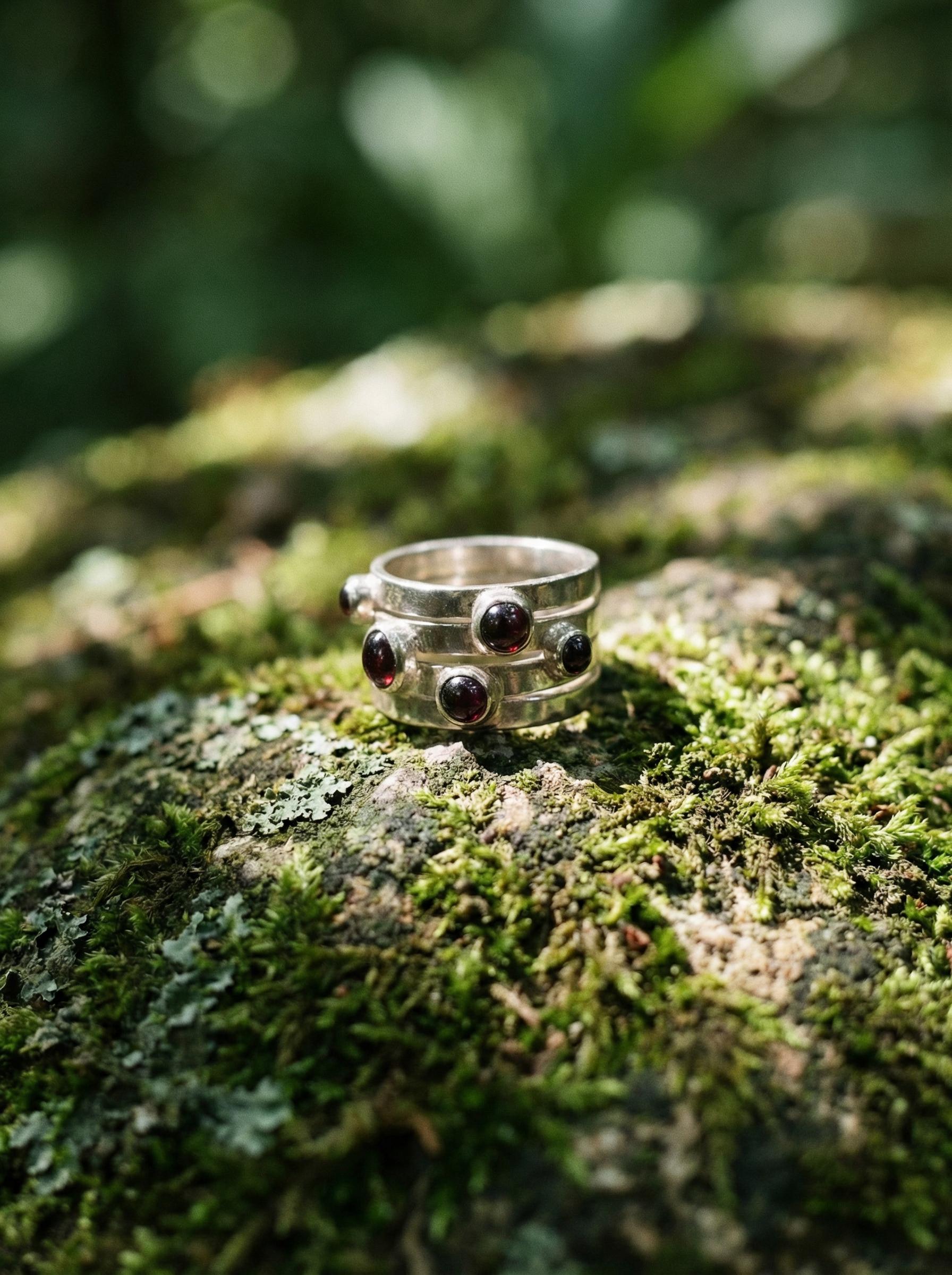 Red Garnet Silver Ring 925 Five Round Cabochon Stones High Shine Band Root Chakra Talisman Jewelry Gift Size 6 US