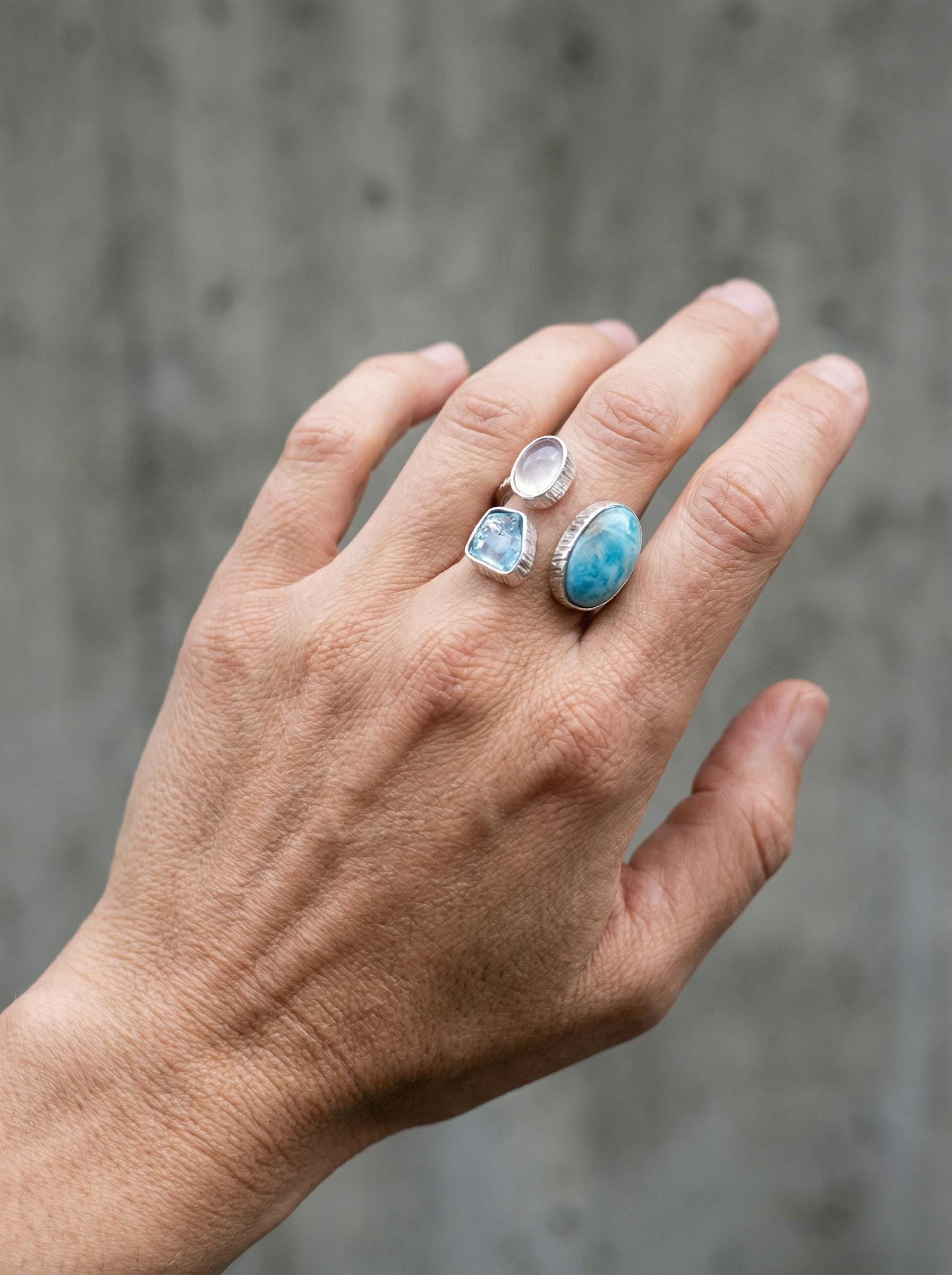 Larimar Apatite Moonstone Ring, 925 Silver Adjustable Triple Stone