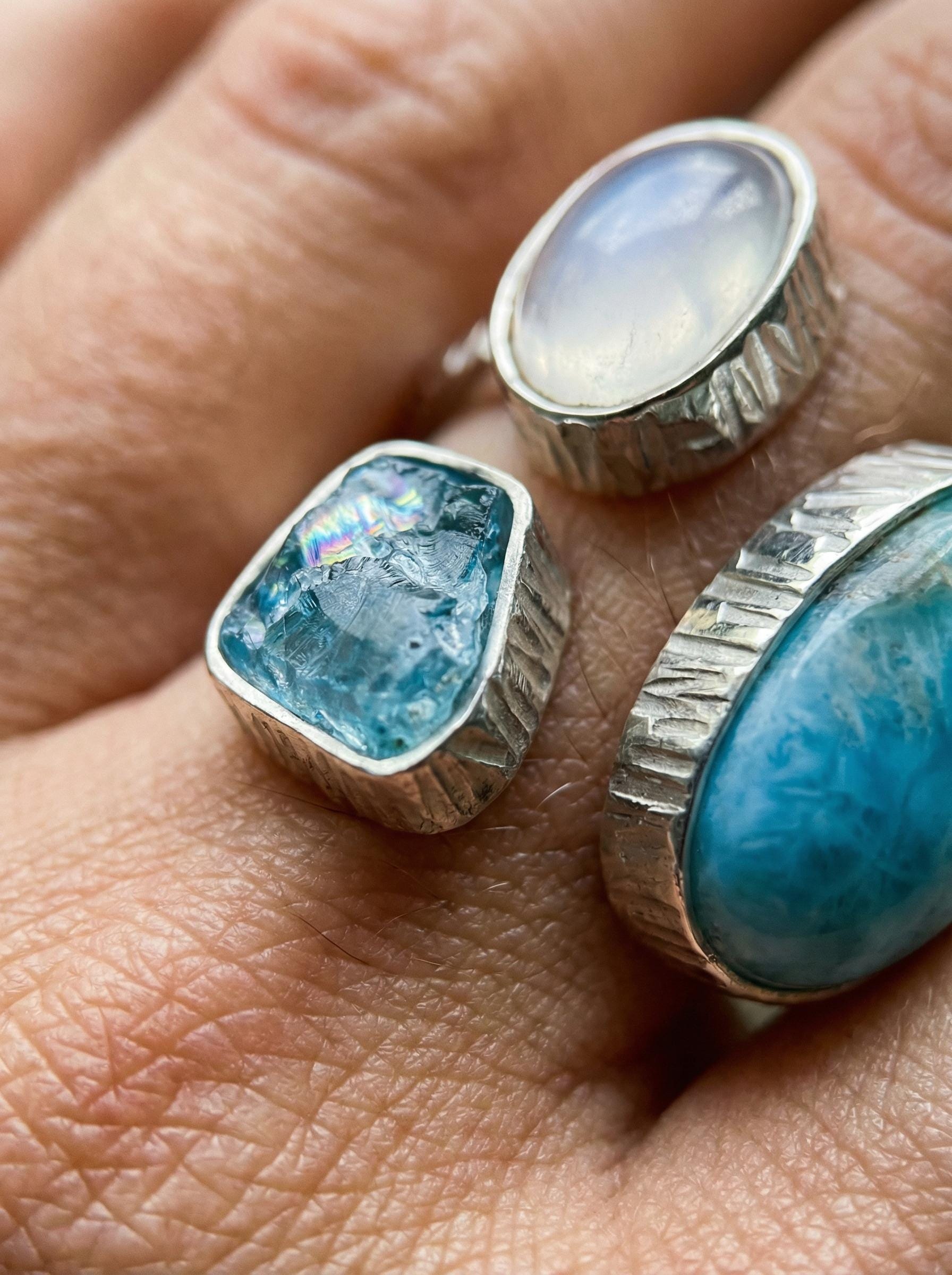 Larimar Apatite Moonstone Ring, 925 Silver Adjustable Triple Stone