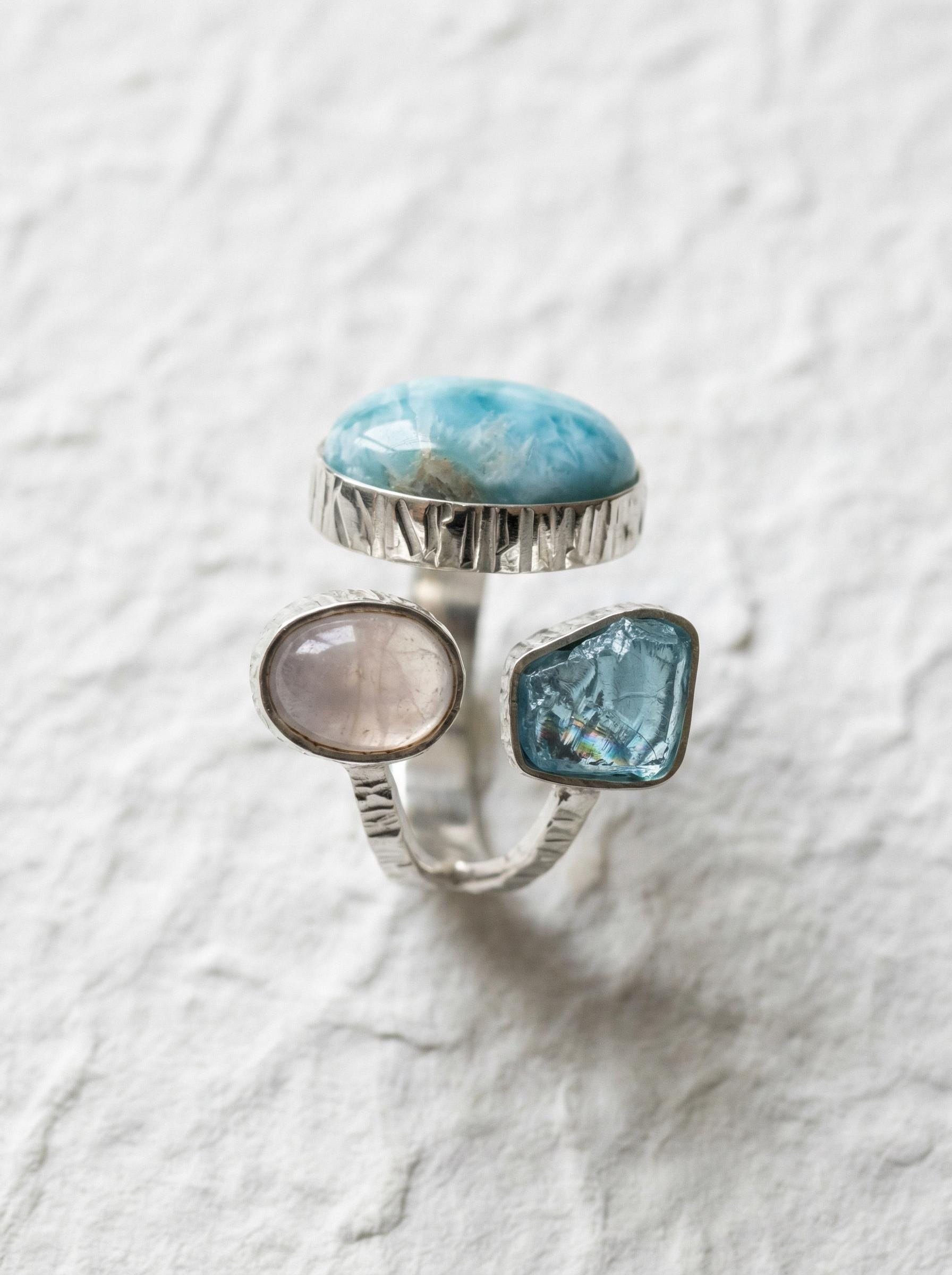 Larimar Apatite Moonstone Ring, 925 Silver Adjustable Triple Stone