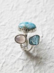 Larimar Apatite Moonstone Ring, 925 Silver Adjustable Triple Stone