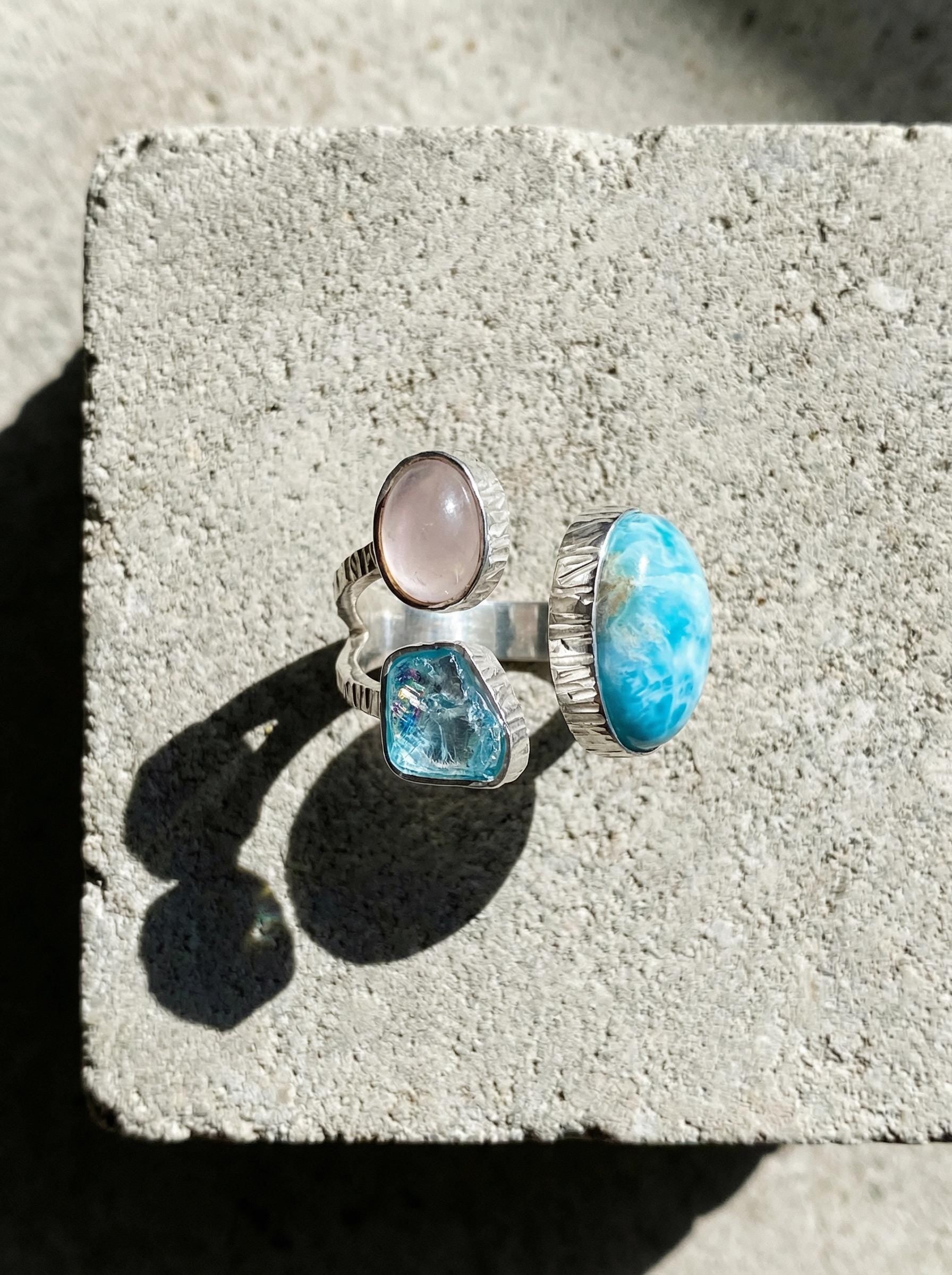 Larimar Apatite Moonstone Ring, 925 Silver Adjustable Triple Stone