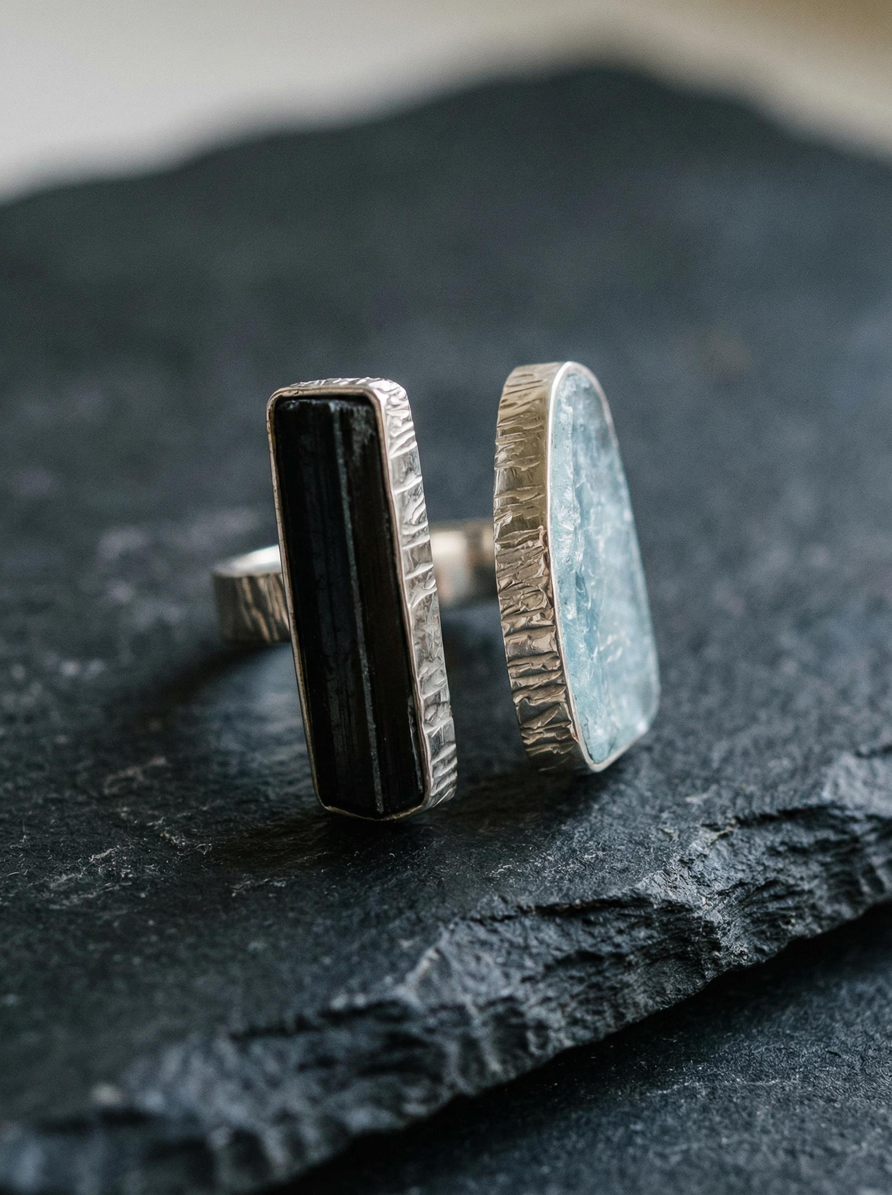 Aquamarine Black Tourmaline Ring 925 Sterling Silver Adjustable Band Throat Root Chakra Protection Gift