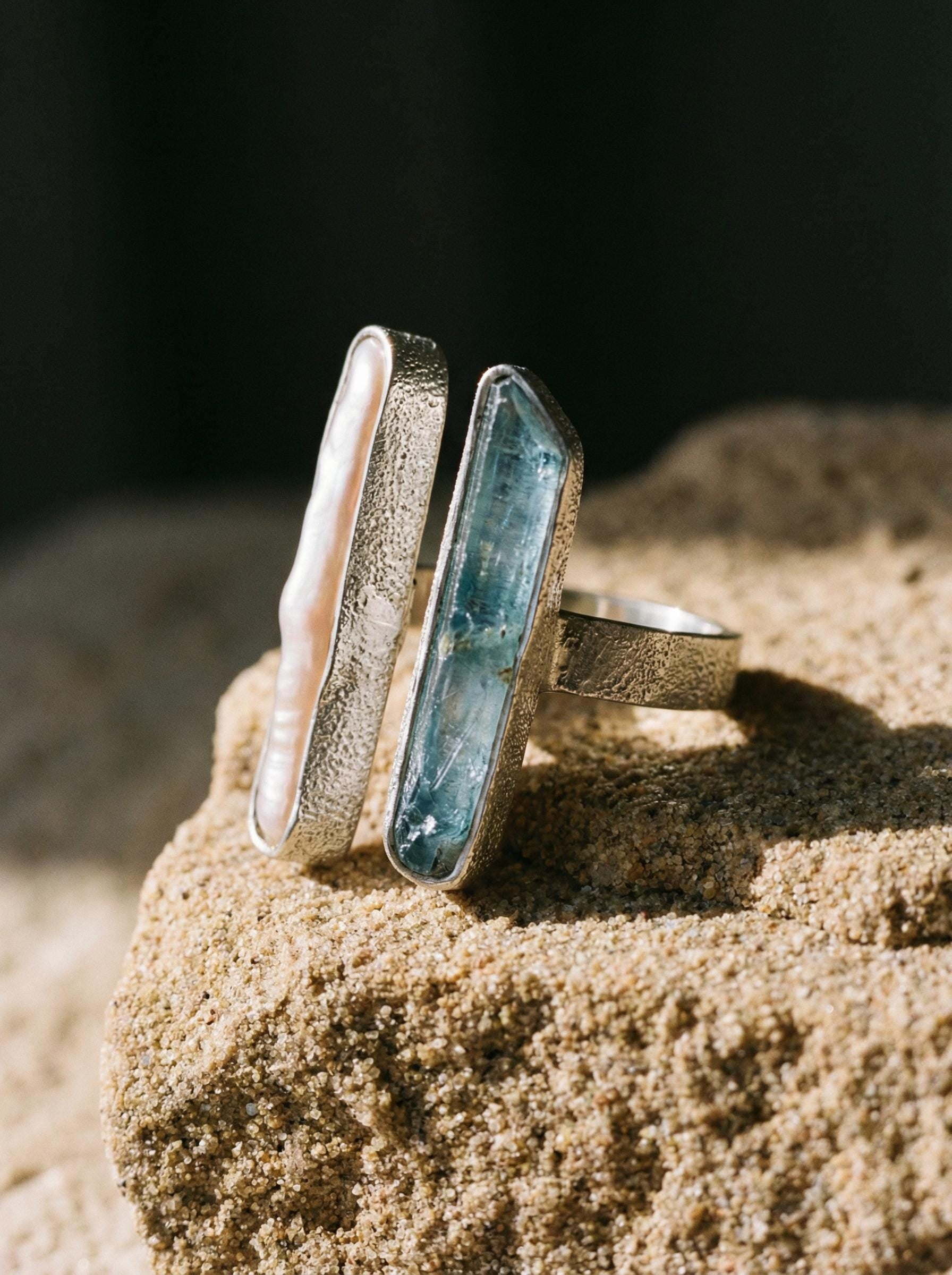 Pearl Aqua Aura Quartz Ring 925 Silver Adjustable Open Ring Organic Texture Statement Jewelry