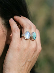 Larimar Blue Moonstone Ring 925 Sterling Silver Adjustable Hammered Band Throat Third Eye Chakra Gift