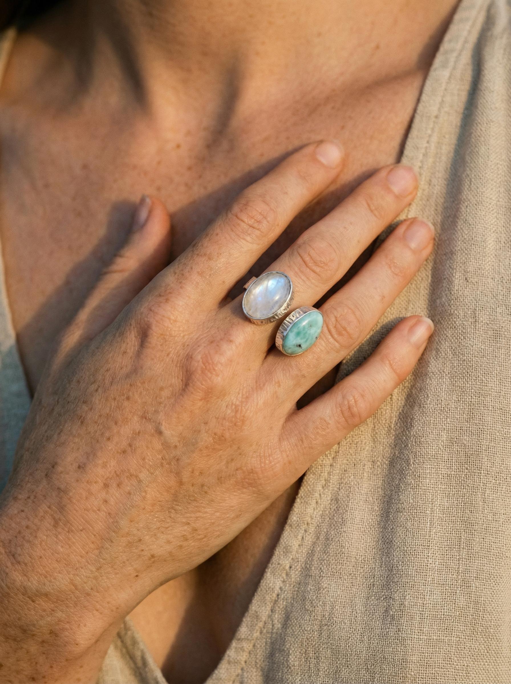 Larimar Blue Moonstone Ring 925 Silver Adjustable Open Dual Stone Statement Jewelry
