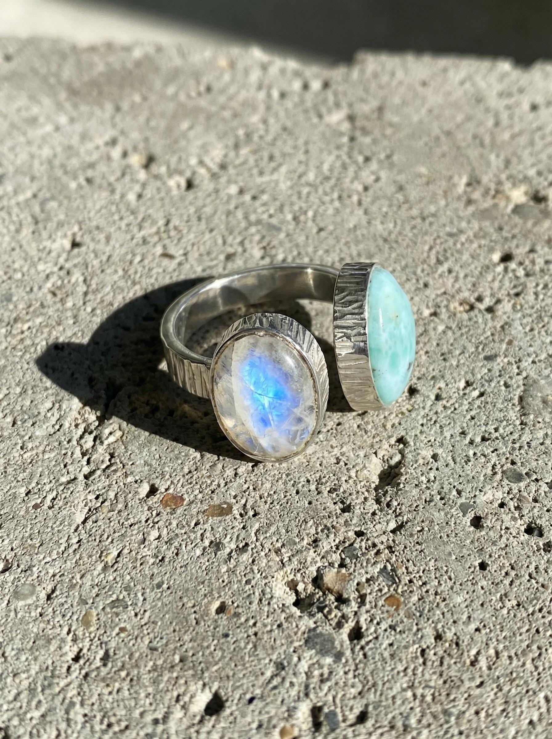 Larimar Blue Moonstone Ring 925 Silver Adjustable Open Dual Stone Statement Jewelry