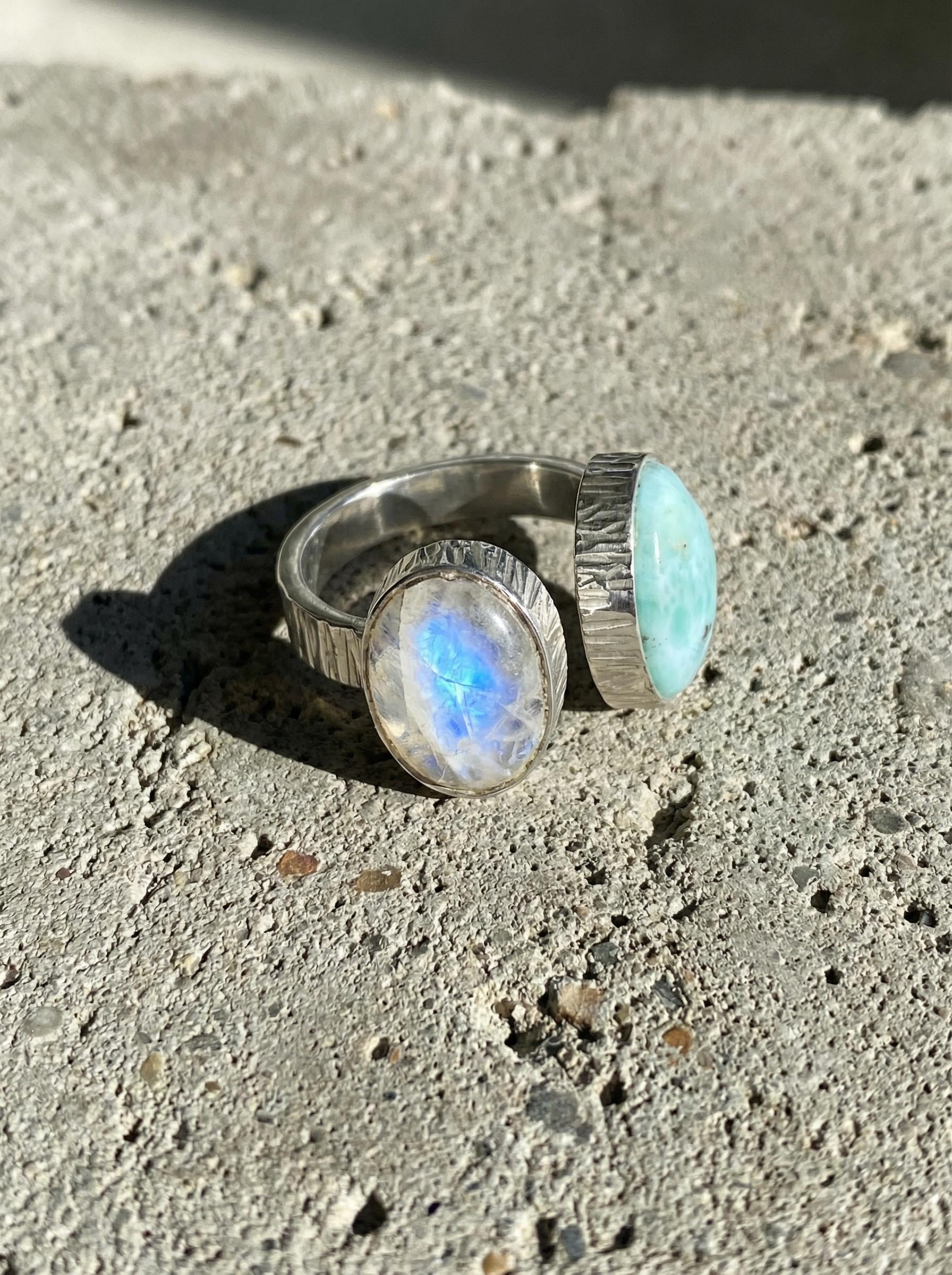 Larimar Blue Moonstone Ring 925 Silver Adjustable Open Dual Stone Statement Jewelry